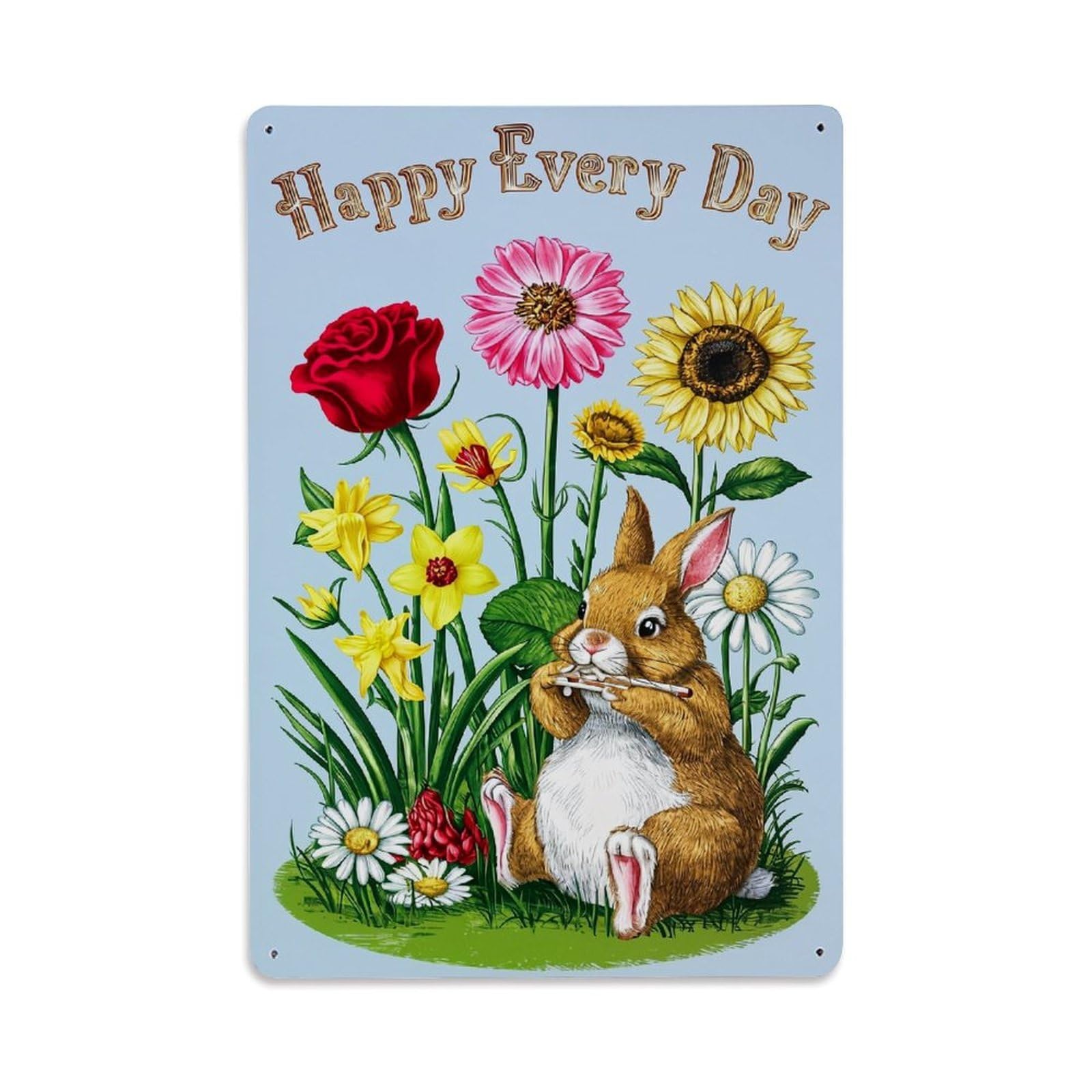 Jdfenggu Vintage Happy Every Day Bunny Flowers Retro Metal Tin Sign, Decor Art Poster For Bar, Home, Man Cave, Kitchen, Laundry Room Gift 8X12inch
