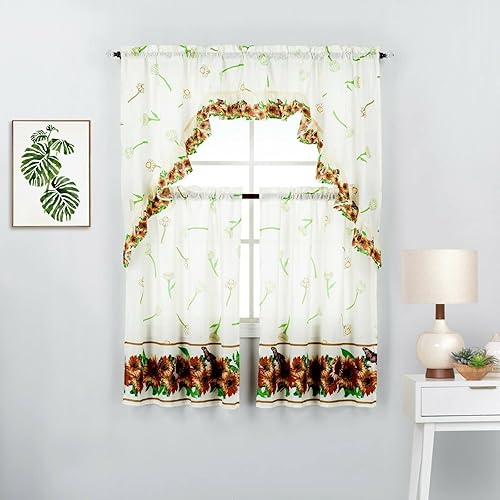 Juego de 3 paneles de cortina de ventana de cocina con estampado y cenefa (juego de niveles de 36 pulgadas, marrón)