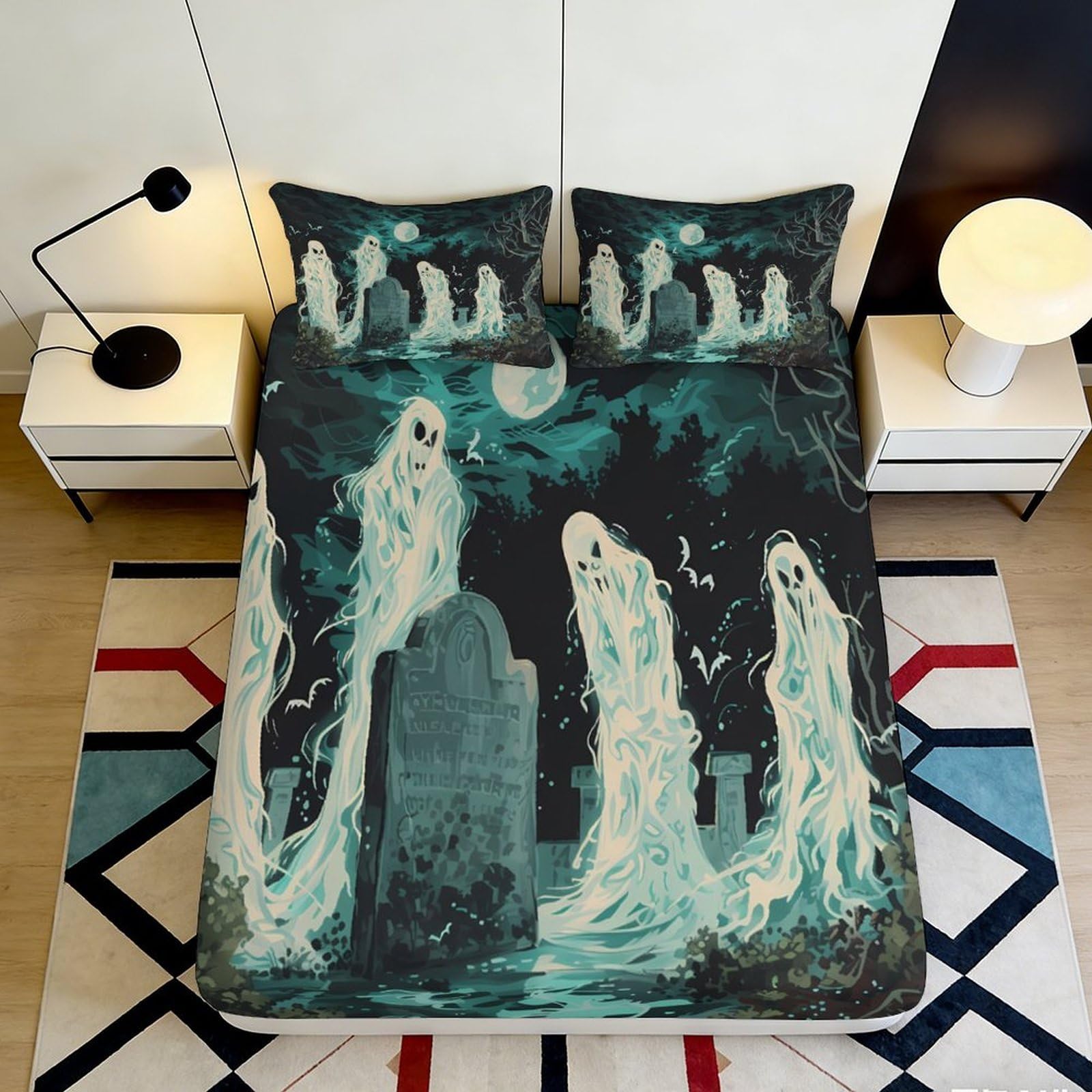 3D Printed Halloween Pumpkin Fitted Sheet Microfiber Deep Pocket Bedroom Bedding Non-Slip Mattress Fitted Cover for Adults 120x200x25cm