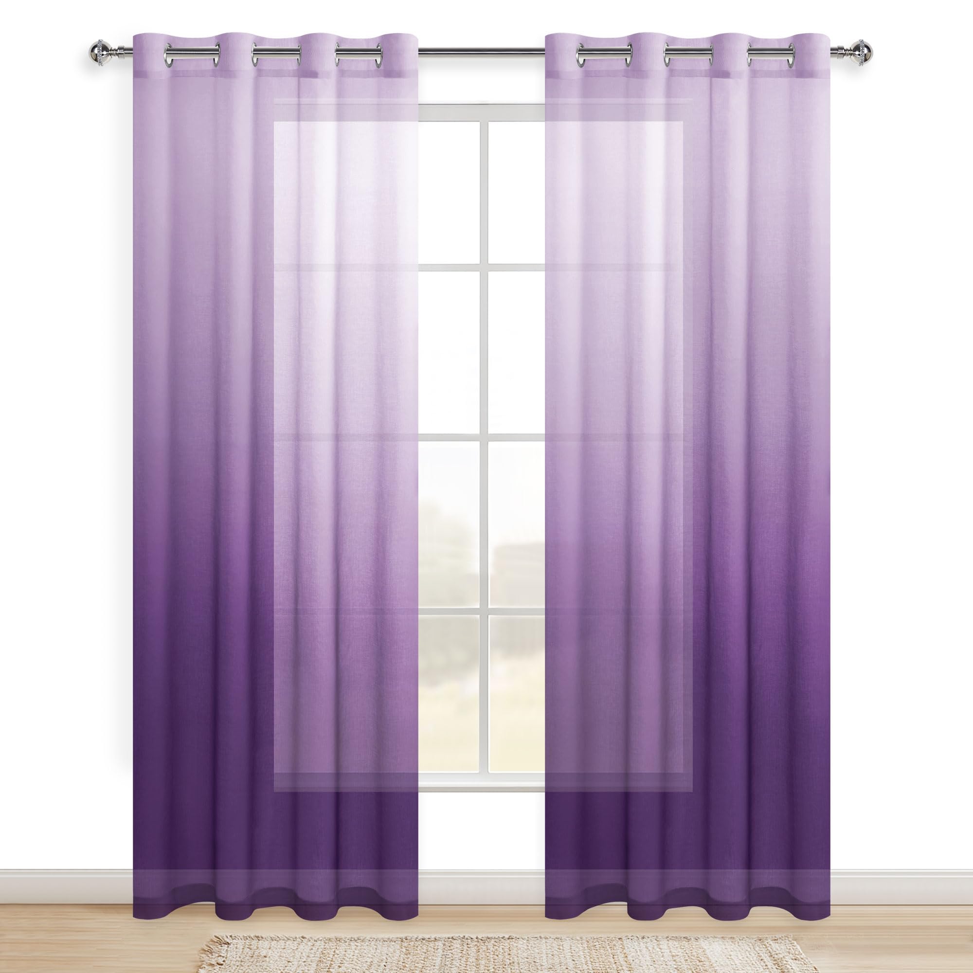 Hiasan Lila Gardinen mit Ösen Vorhänge Halbtransparent Wohnzimmer | Violett Farbverlauf 140x245cm 2er Set, Ösenvorhang Gardine Vorhang aus Voile Moderne Dekoschal für Schlafzimmer Kinderzimmer