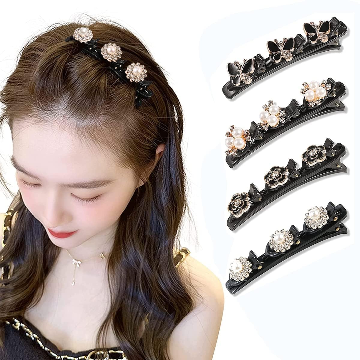 RudraLand Latest Korean Fancy BlinRudraLand Pearl Hair Clips Lock Hair Clip Pin Mini Clutcher Hair Accessories Set For Women Girls Girlfriend Ladies Long Short Hair Elegant (4 pcs set)