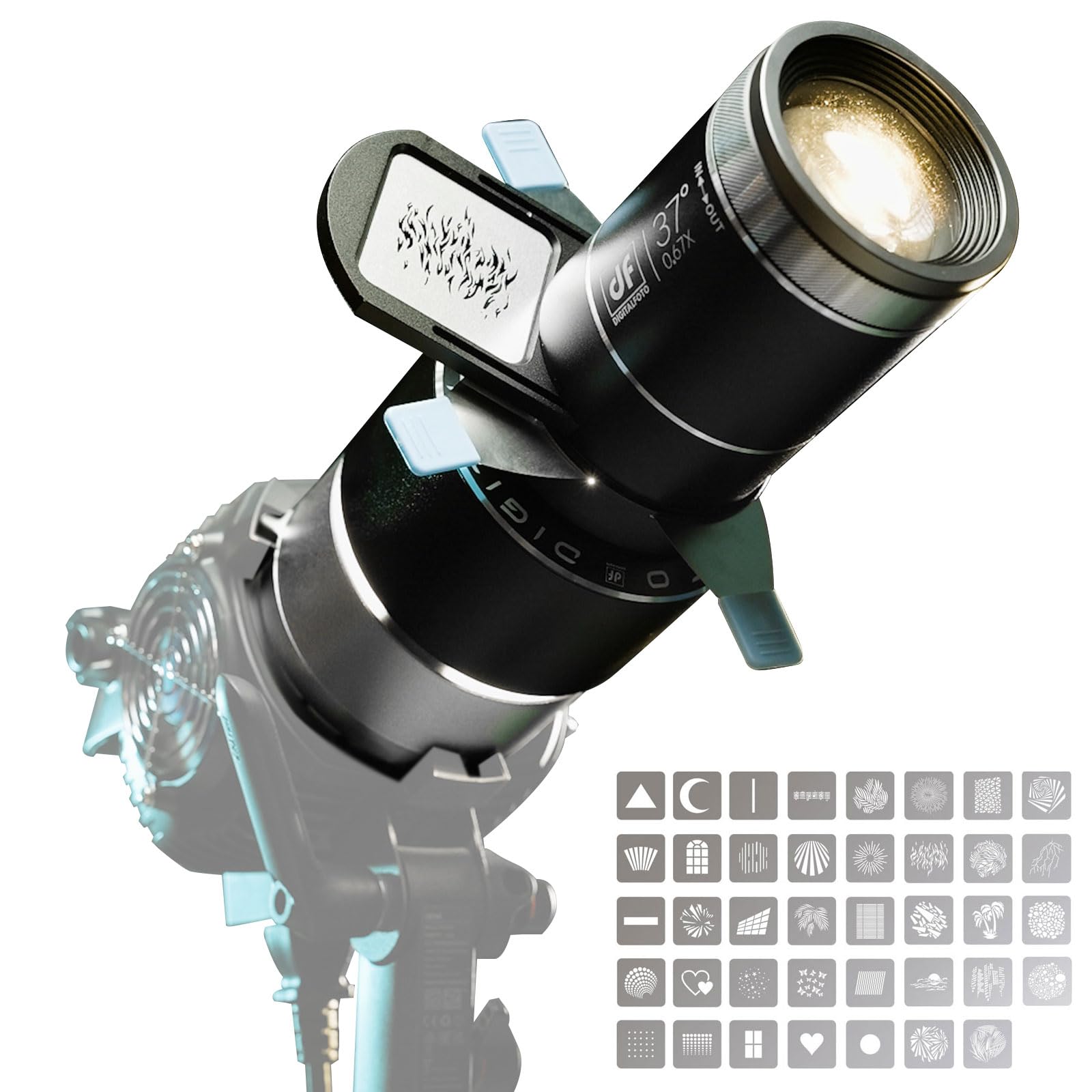 DF DIGITALFOTO Proiettore ottico Snoot Bowens Mount Gobo, con 39 Gobos, attacco di proiezione per faretto fotografico, compatibile con Aputure Amaran 100X/D 200D/X, Godox SL60, Nanlite FS150B