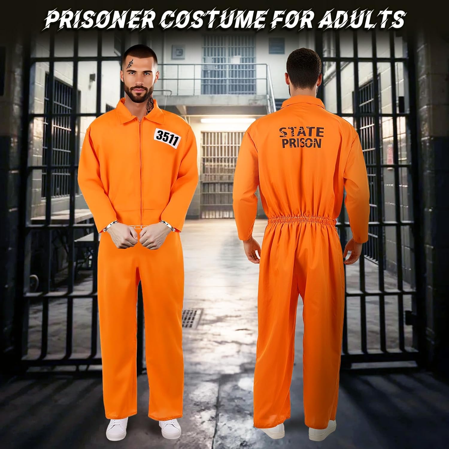 Orange Prisoner Costume Jumpsuit Prison Inmate Jail Criminal Overalls Halloween Outfit for Adult Men Women - Image 5