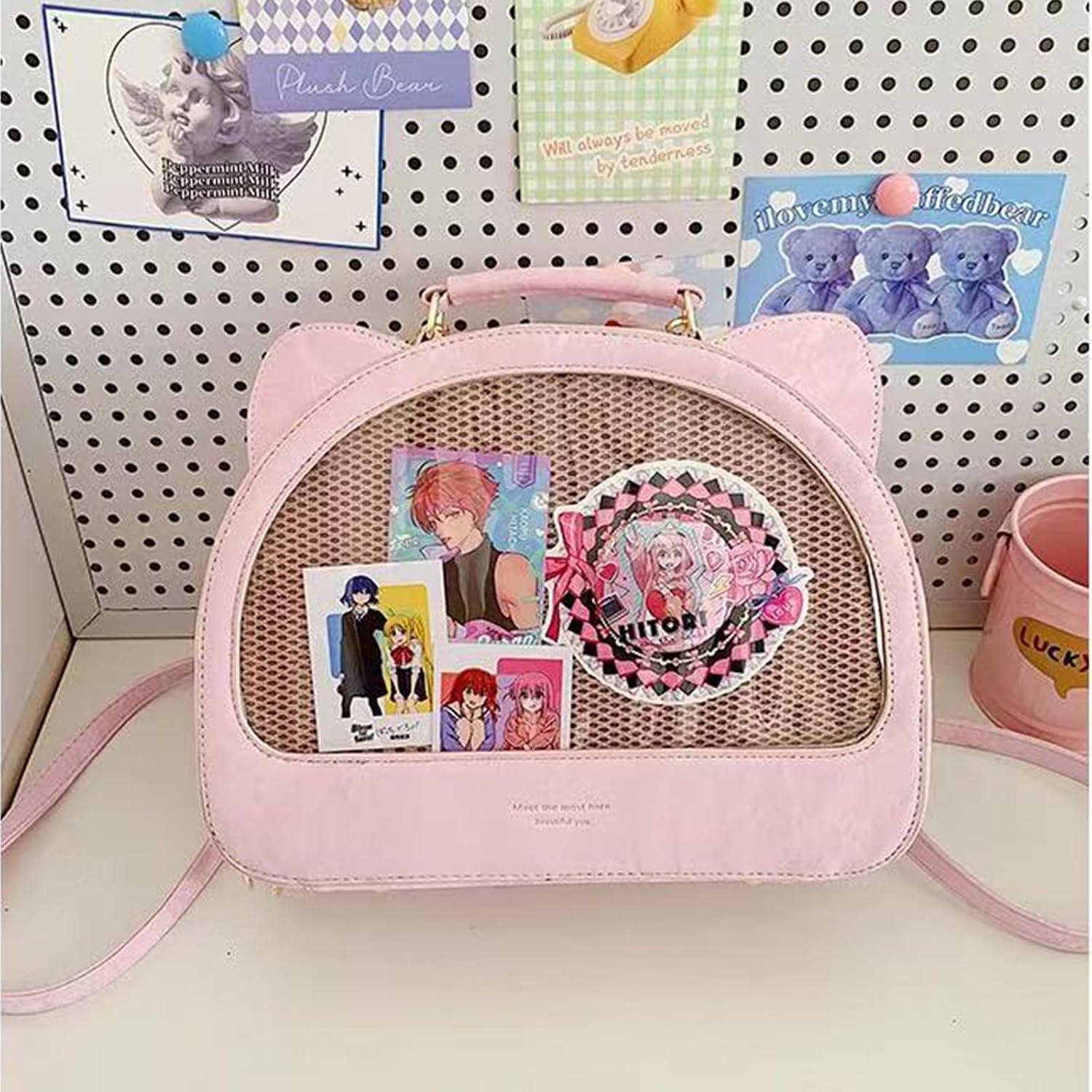 Kawaii Ita Display Crossbody Bag, Cute Cat Backpack Pin Collection Shoulder Bag with Mesh Window, Large Capacity (Pink)