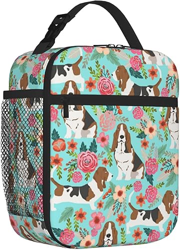 Miniatura 2 de Bolsa de almuerzo para mujeres y hombres, reutilizable, aislada, bolsa de mano para viajes, trabajo, picnic (dulce Basset Hound y flores vintage)