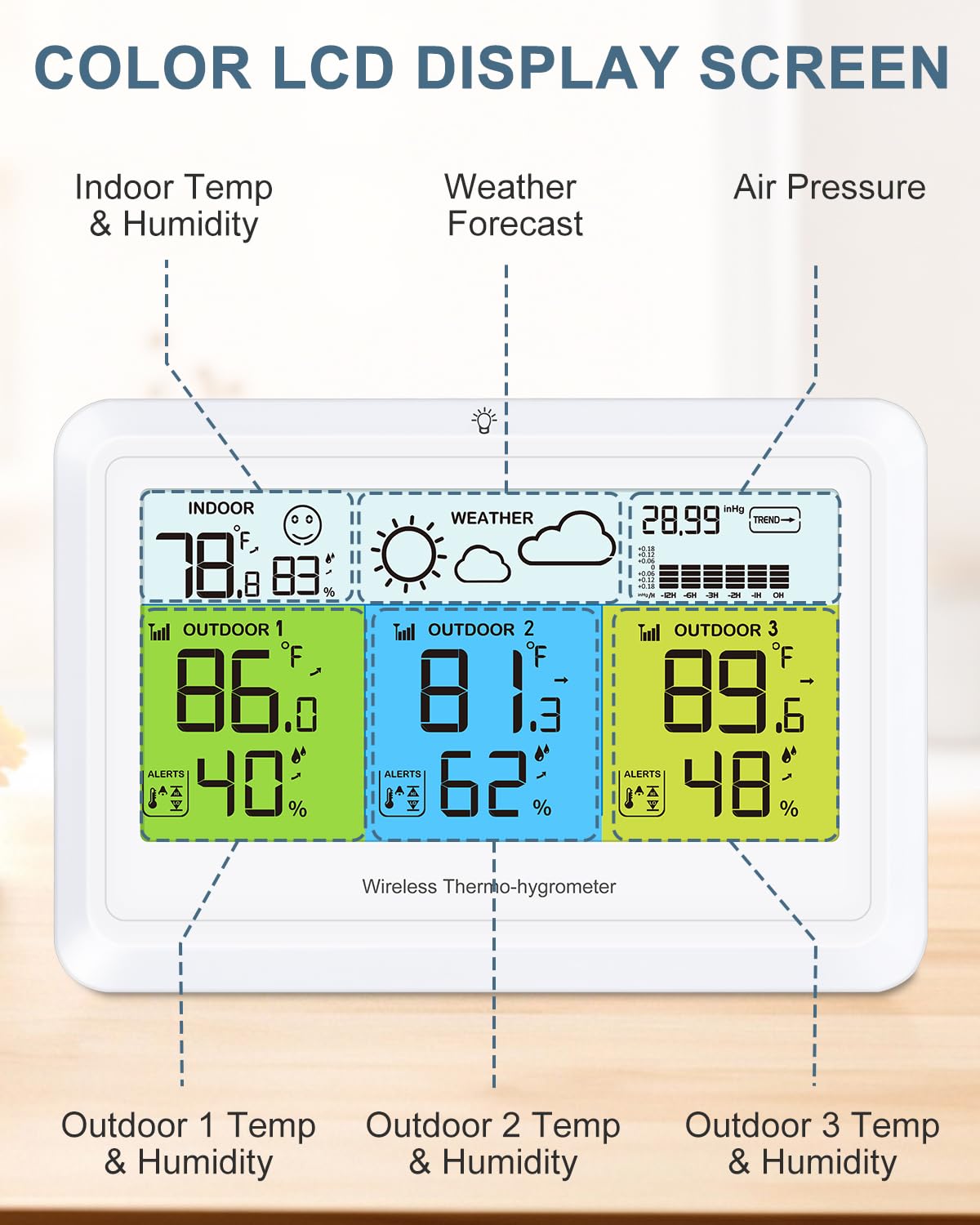 Wetterstationen mit Außensensor, kabellos, Innen- und Außenthermometer, Hygrometer mit 3 Sensoren, digitales Thermometer, Luftfeuchtigkeit mit Farbdisplay, Hintergrundbeleuchtung