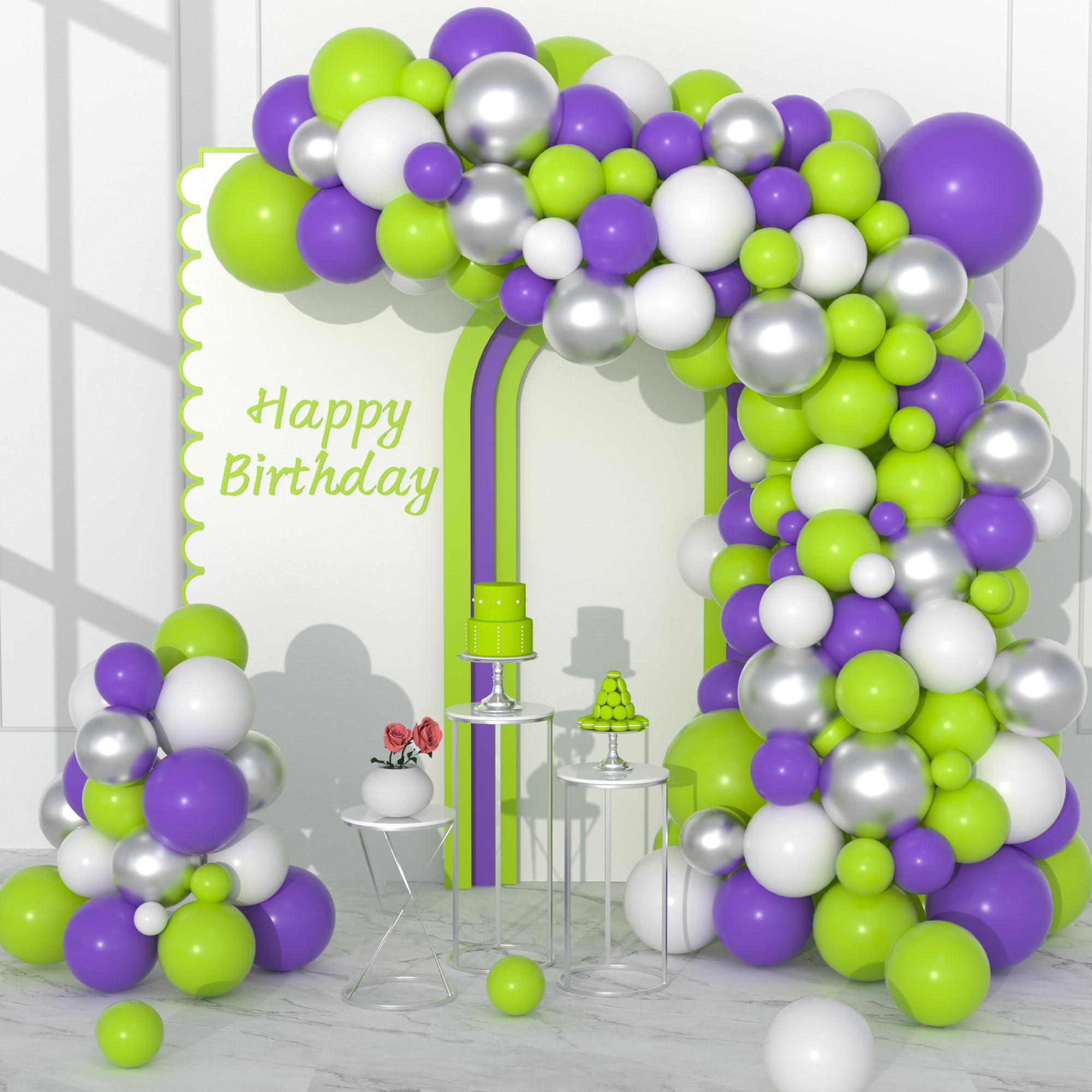 Purple Green White Balloon Garland Kit, 122PCS White Lime Green Lavender Purple Balloons Metallic Sliver Balloons for Buzz Outer Space Birthday Baby