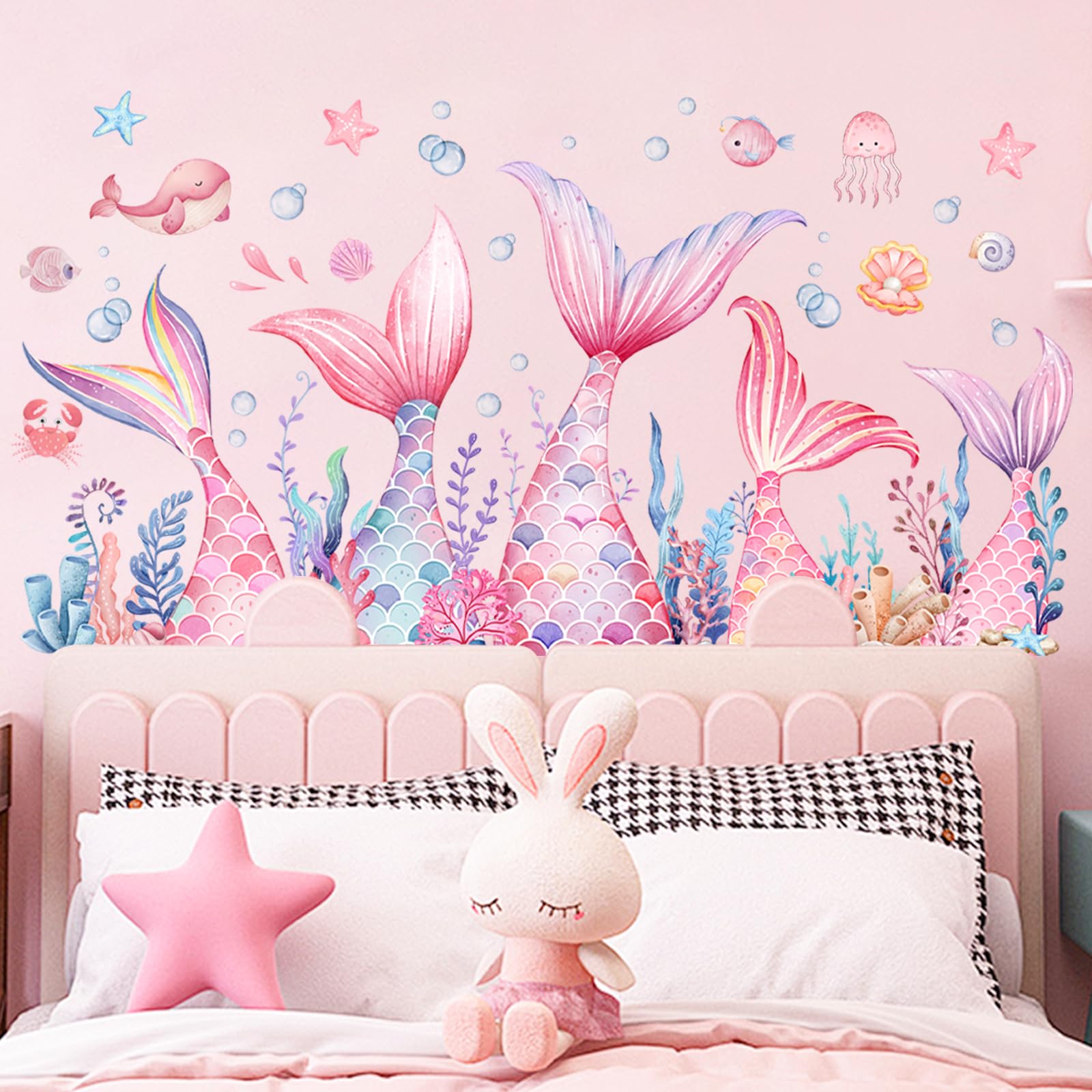Mermaid Tail Wall Stickers, Sunoyar Colourful Mermaid Foam Wall Decals for Girls Kids, Removable Sea Marine Theme Mural Decor for Daycare Bedroom Bathroom (Pink)