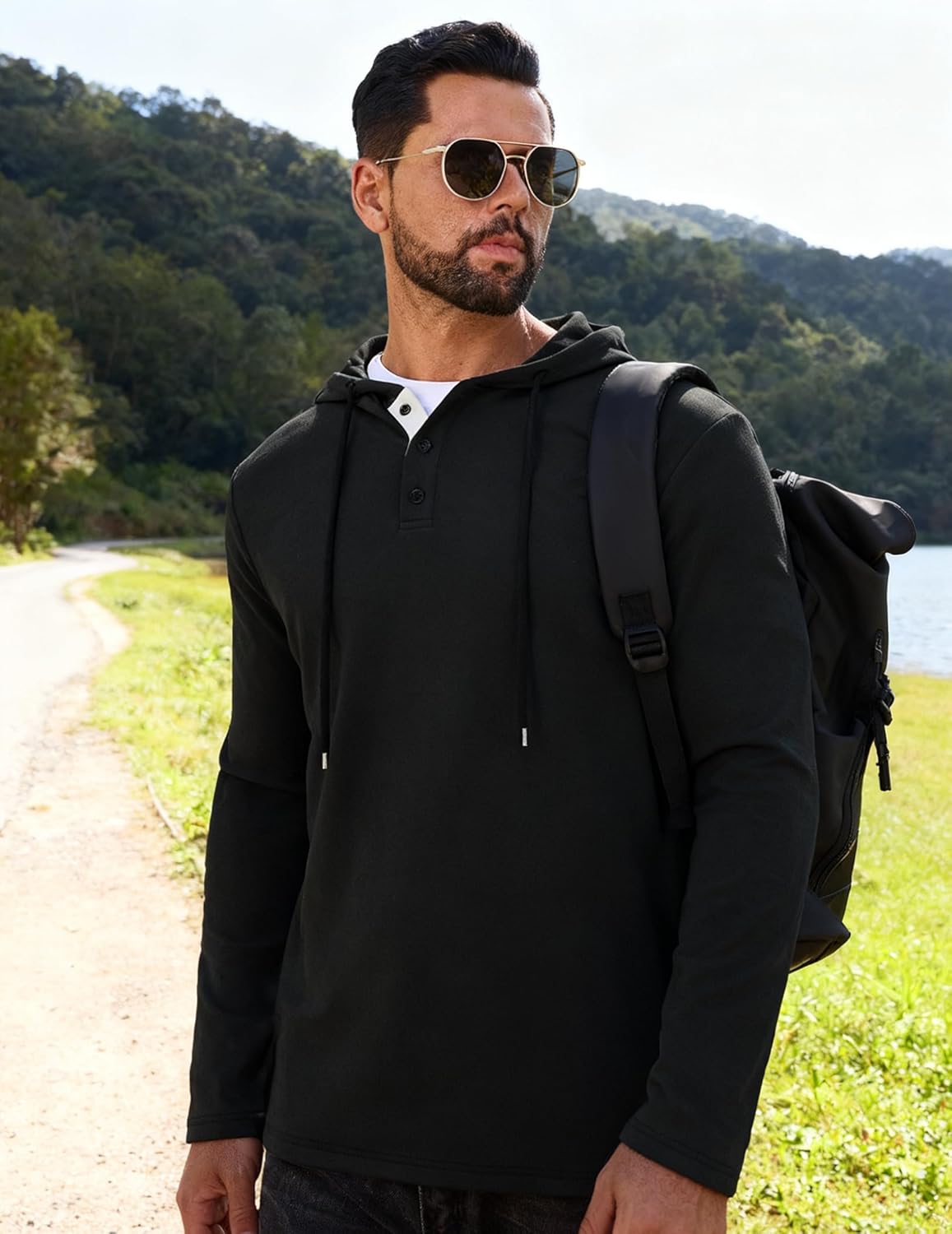 Vssjavun Mens Hoodie Pullover Long Sleeve Casual Henley Shirts Slim Fit Hooded Athletic Shirt with Drawstring - Image 3