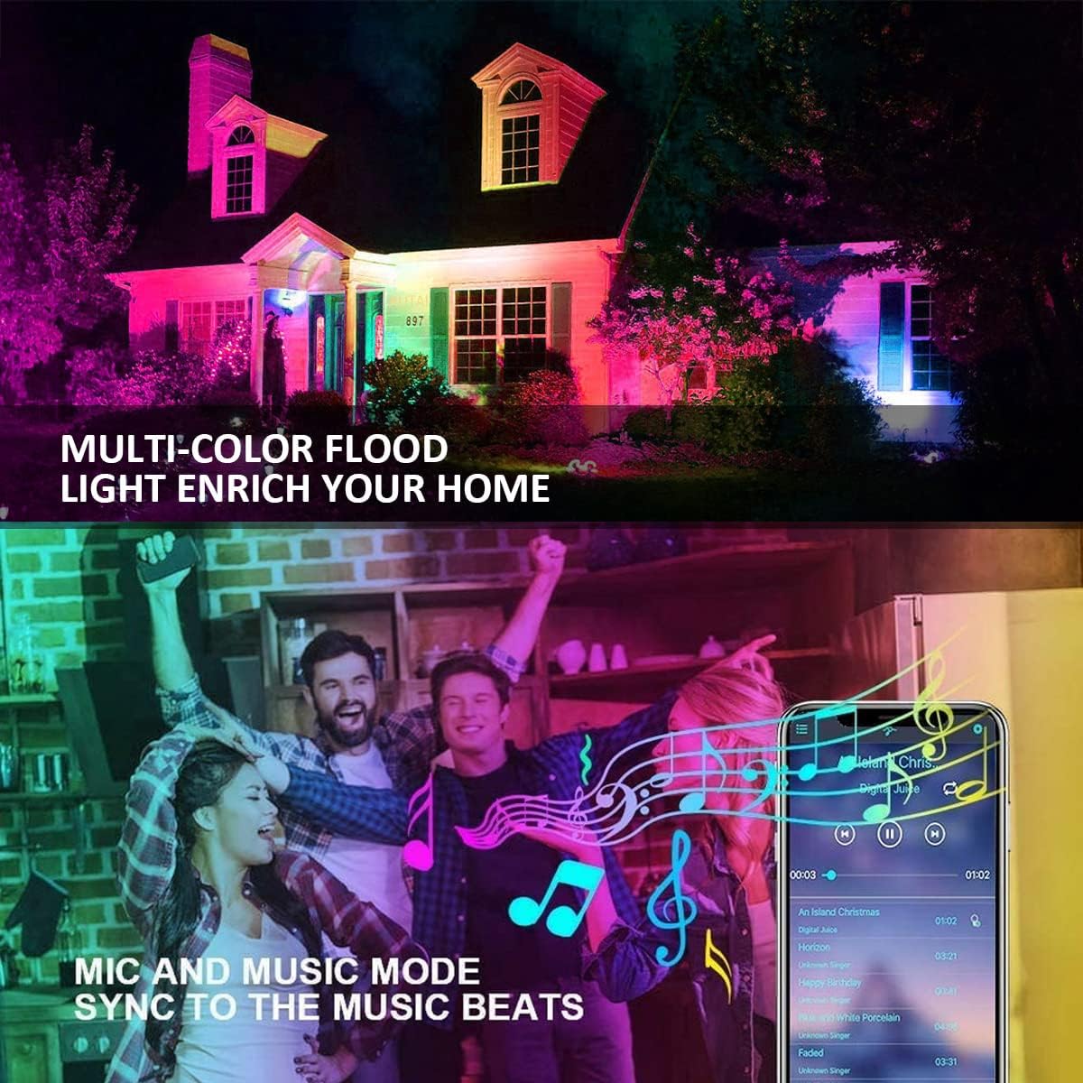 2Pack 60W RGBW LED Flood Light Color Changing Exterior Light Dimmable Outdoor Lights,Bluetooth Mesh and APP Control LED Floodlight,IP66 Waterproof Wall Washer Garden Landscape Stage Light（2Pack）