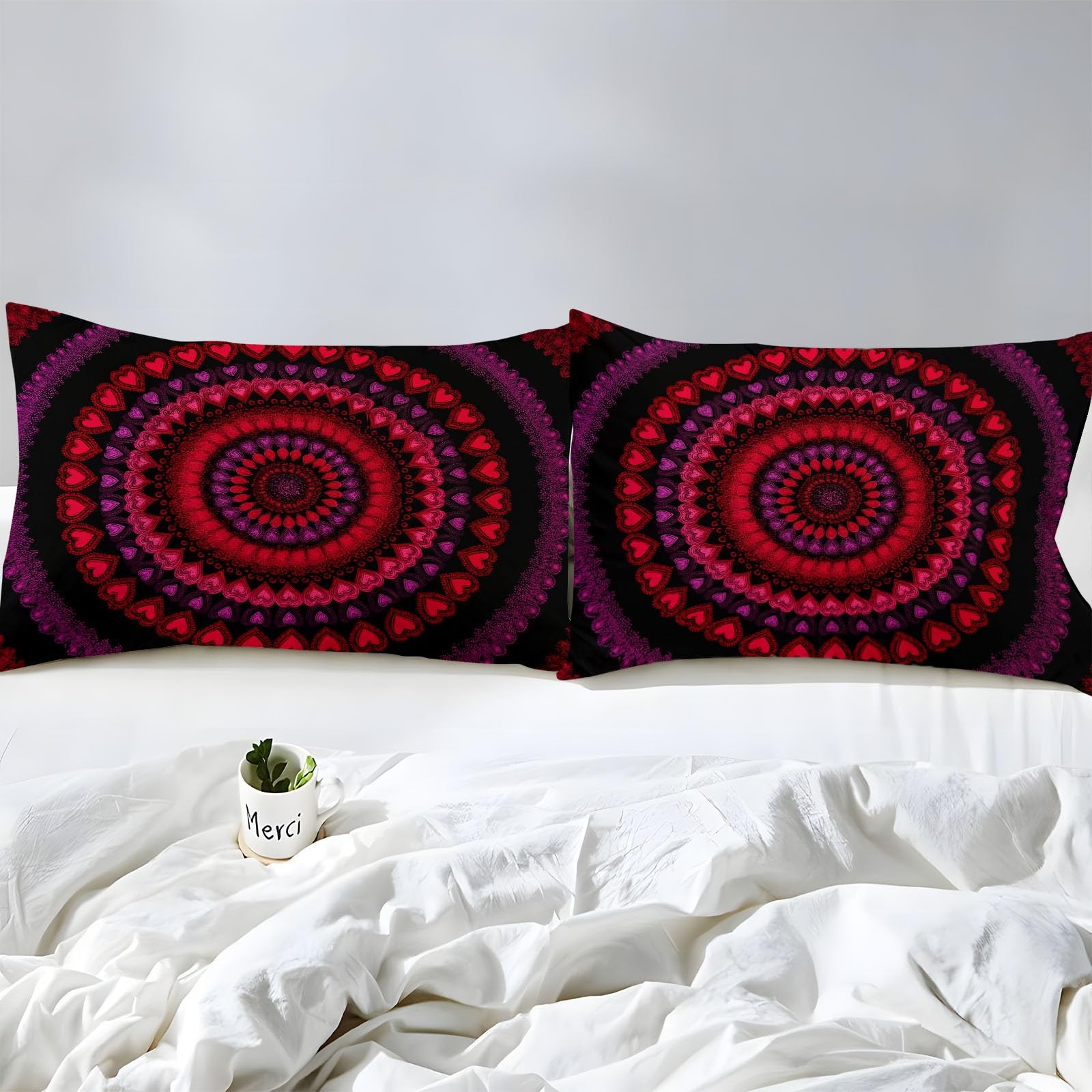 Czerwone prześcieradło z gumką 135 x 190 cm wzór w kształcie serca w stylu mandala, wyjątkowo miękkie i oddychające prześcieradło z mikrofibry z elastyczną taśmą na materac o wysokości 30 cm