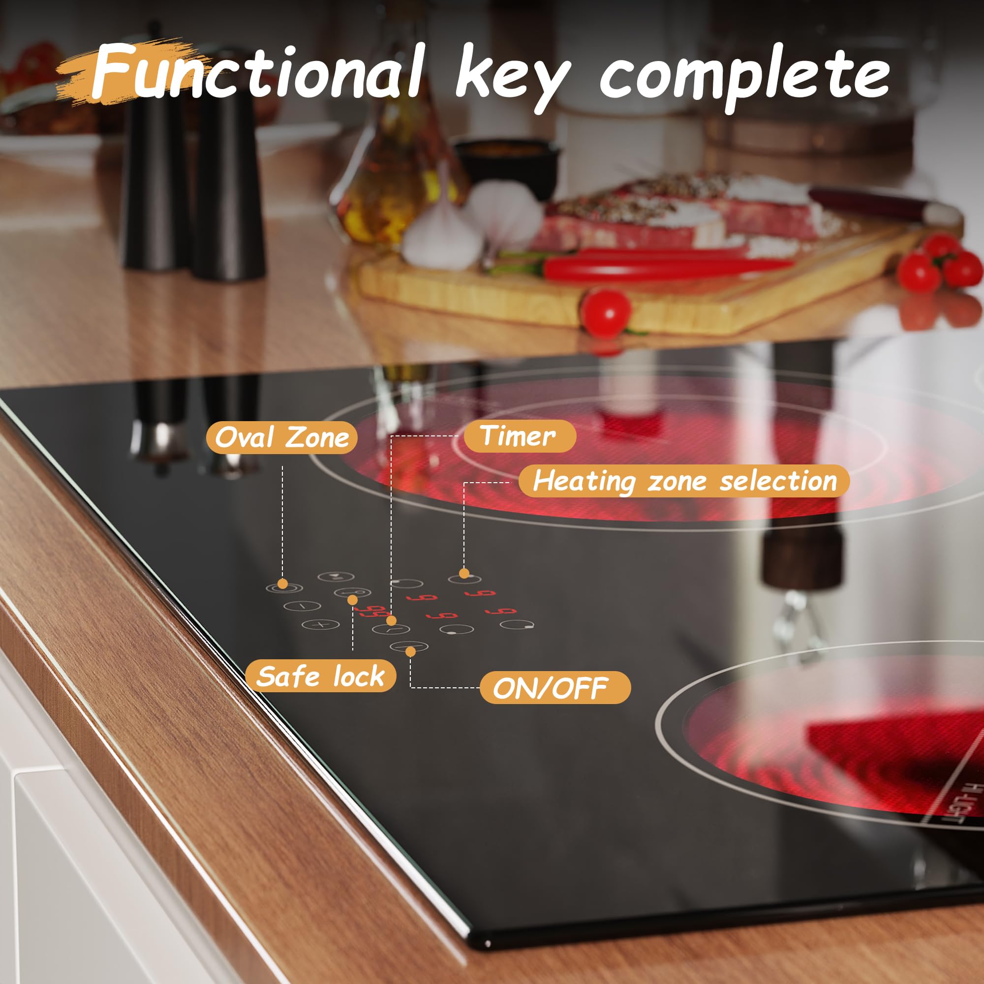 Karinear Ceramic Hob, Built-in Electric Hobs 59 cm with Oval Zone for Grill Pan Touch Control,Up to 99min Timer with Safe Lock,Pause, Heat Indicator Auto Shut-off Black Glass — view 3