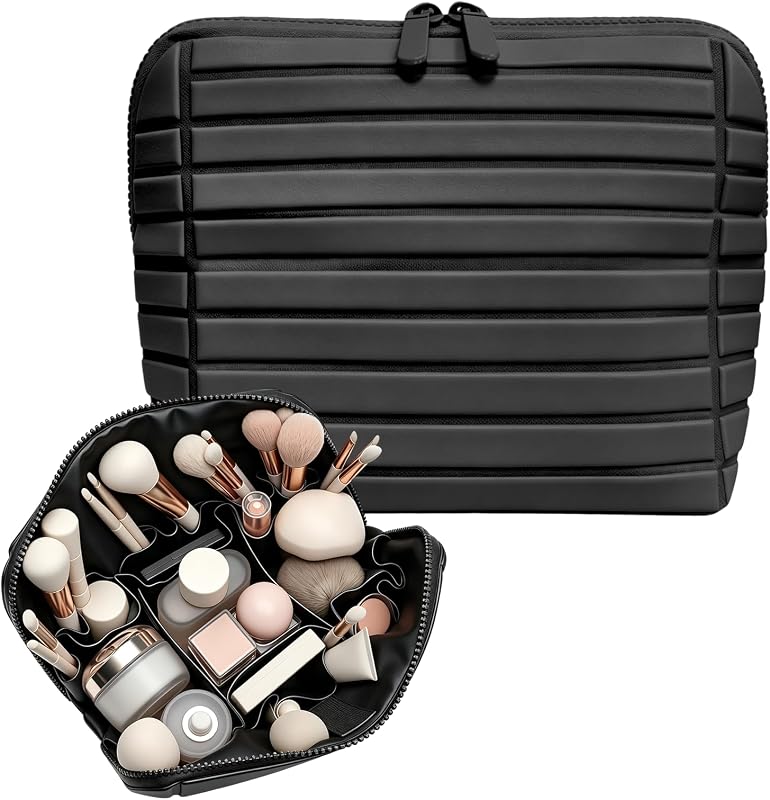 Necessaire organizadora de maquiagem fepoch dobrável com divisórias e suporte para pincéis, preta, 1 unidade