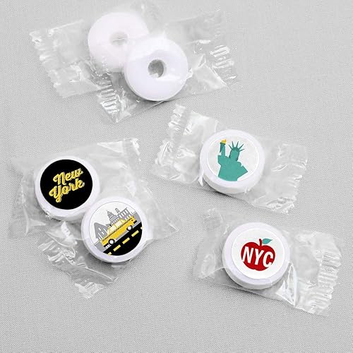 Miniatura 10 de Big Dot of Happiness NYC Cityscape - Calcomanías redondas pequeñas de caramelo para fiestas de la ciudad de Nueva York, 324 unidades
