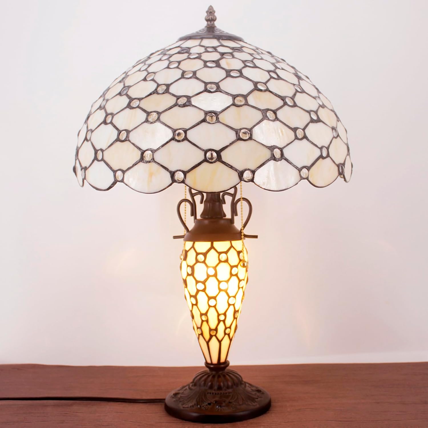 WERFACTORY Tiffany Lamp Cream Stained Glass Crystal Pear Bead Mather-Daughter Vase Table Lamp 16X16X24 Inches Desk Reading Light Decor Bedroom Living Room Home Office S005 Series