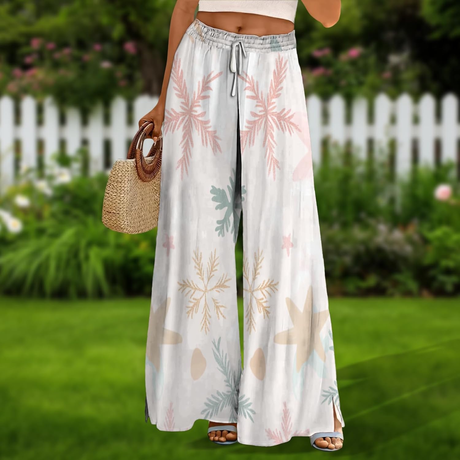Women Casual Pants Loose Fit Wide Leg High Waist Palazzo Pants Boho Floral Summer Lounge Trousers