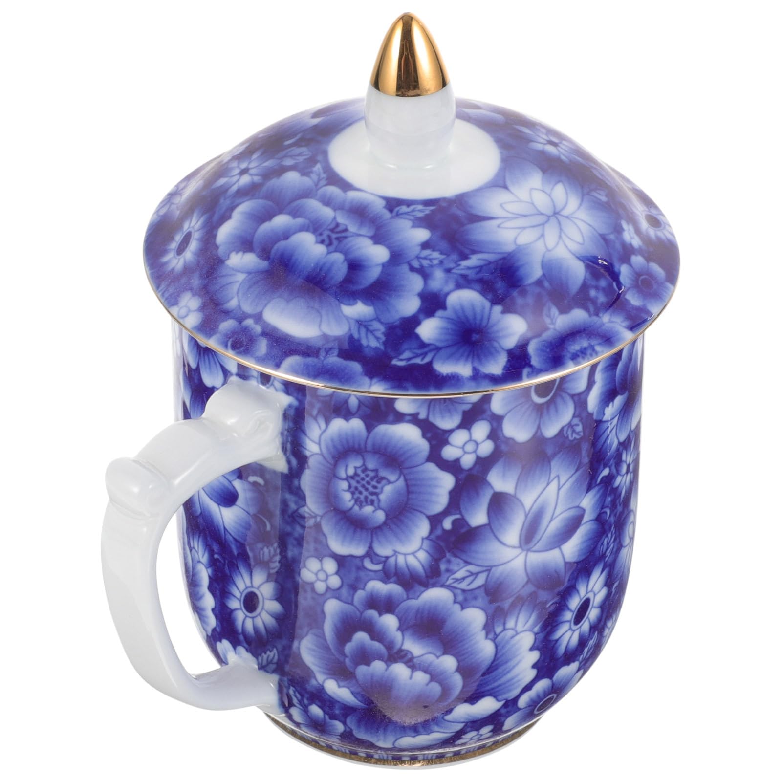 NUOBESTY Elegante Chinesische Teetasse aus Keramik mit Deckel und Sieb Vintage Teebecher für Büro und Studentenwohnheim Feine Details Blauer Klassischer Stil