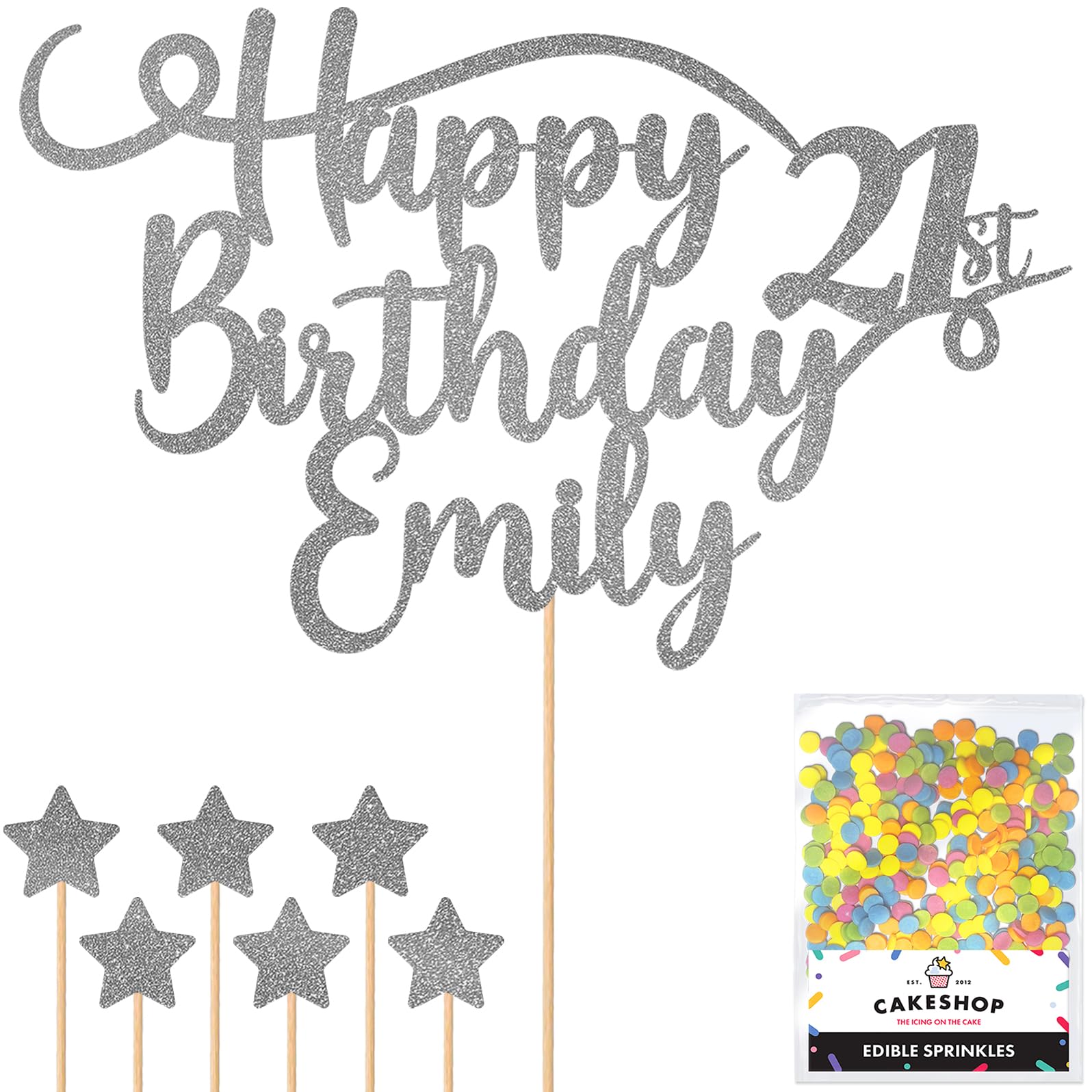 Personalised Happy Birthday Glitter Cake Topper - Dark Silver Any Name & Any Age Glitter Cake Decoration and Sprinkles - Happy Birthday Decorations - Personalised Toppers for Cakes by Cakeshop — image 1