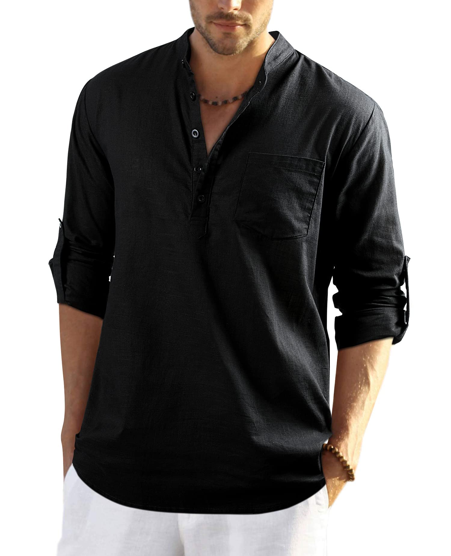 Enlision Camisa de lino de algodón para hombre, camisa de verano, manga larga, corte regular, camisa informal