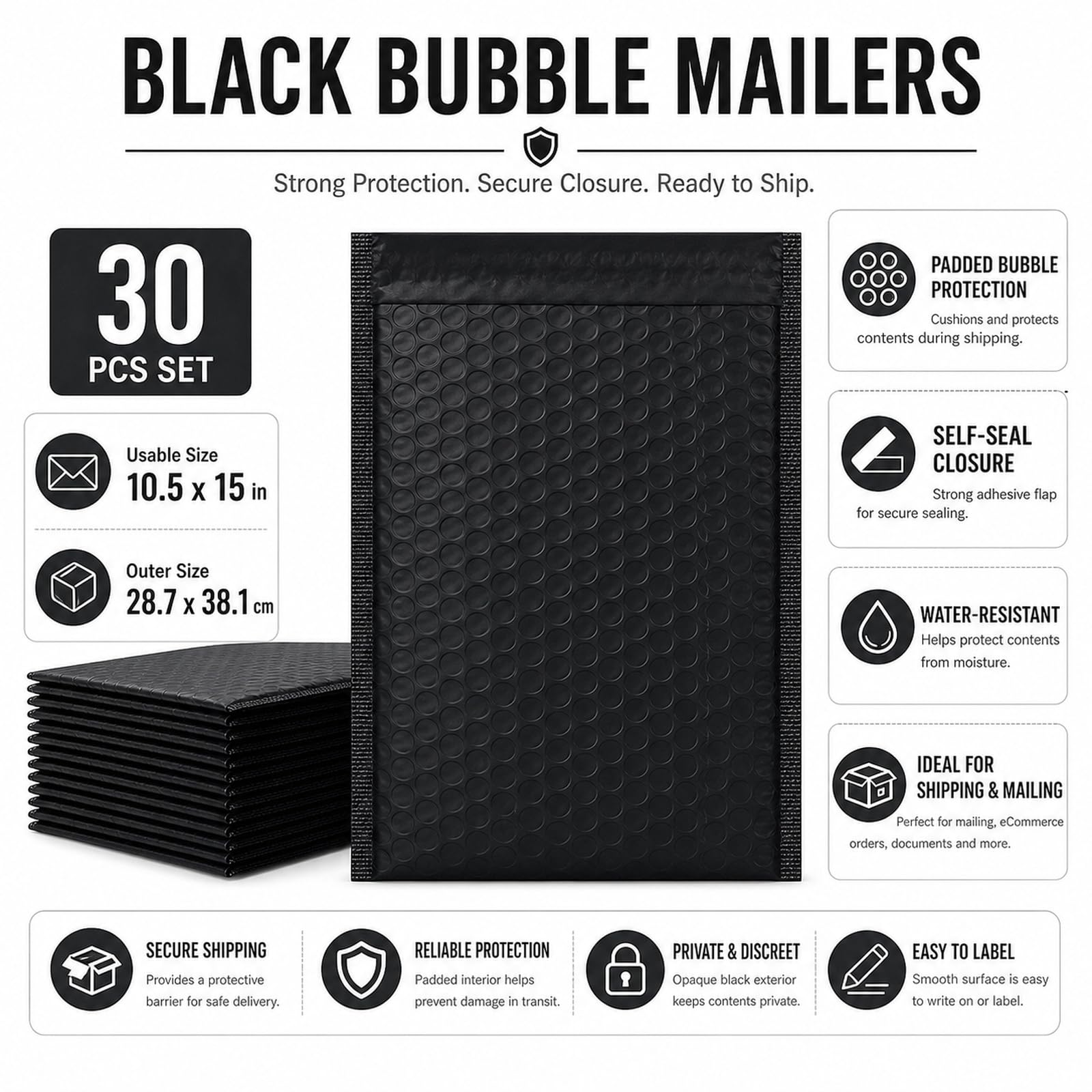 STARVAST 30 Pcs Enveloppes à Bulles, Enveloppe Matelassée 10.5 x 15Inch / 216 x 381MM, Enveloppe Expedition Imperméable - Noir