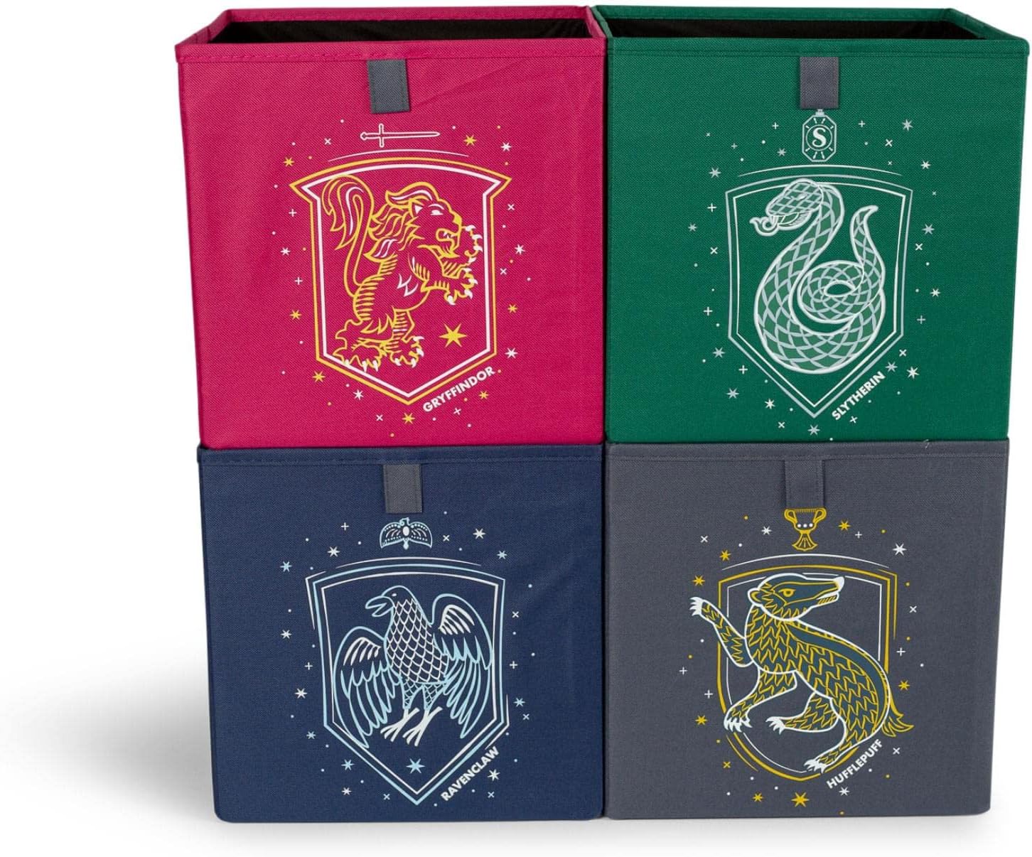 Ukonic Harry Potter Hogwarts Houses 11-Inch Storage Bin Cube Organizers, Set of 4 | Fabric Basket Container, Cubby Cube Closet Organizer | Wizarding World Gifts And Collectibles