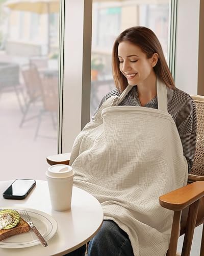 Miniatura 3 de Blissful Diary Funda de lactancia de muselina para lactancia, transpirable, con cuello de arco para mujeres, delantal de lactancia (crema)