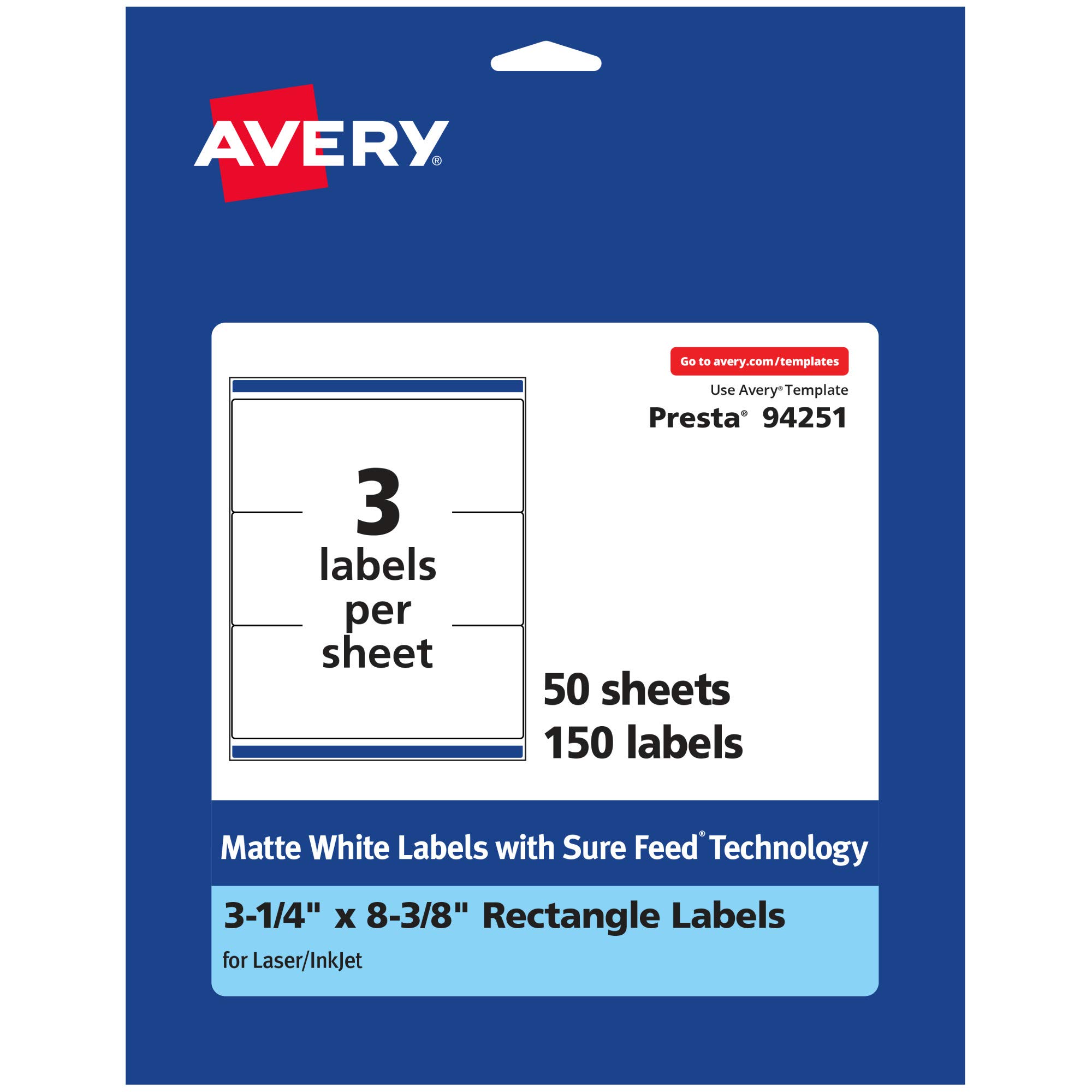 Avery Matte White Rectangle Labels with Sure Feed, 3-1/4