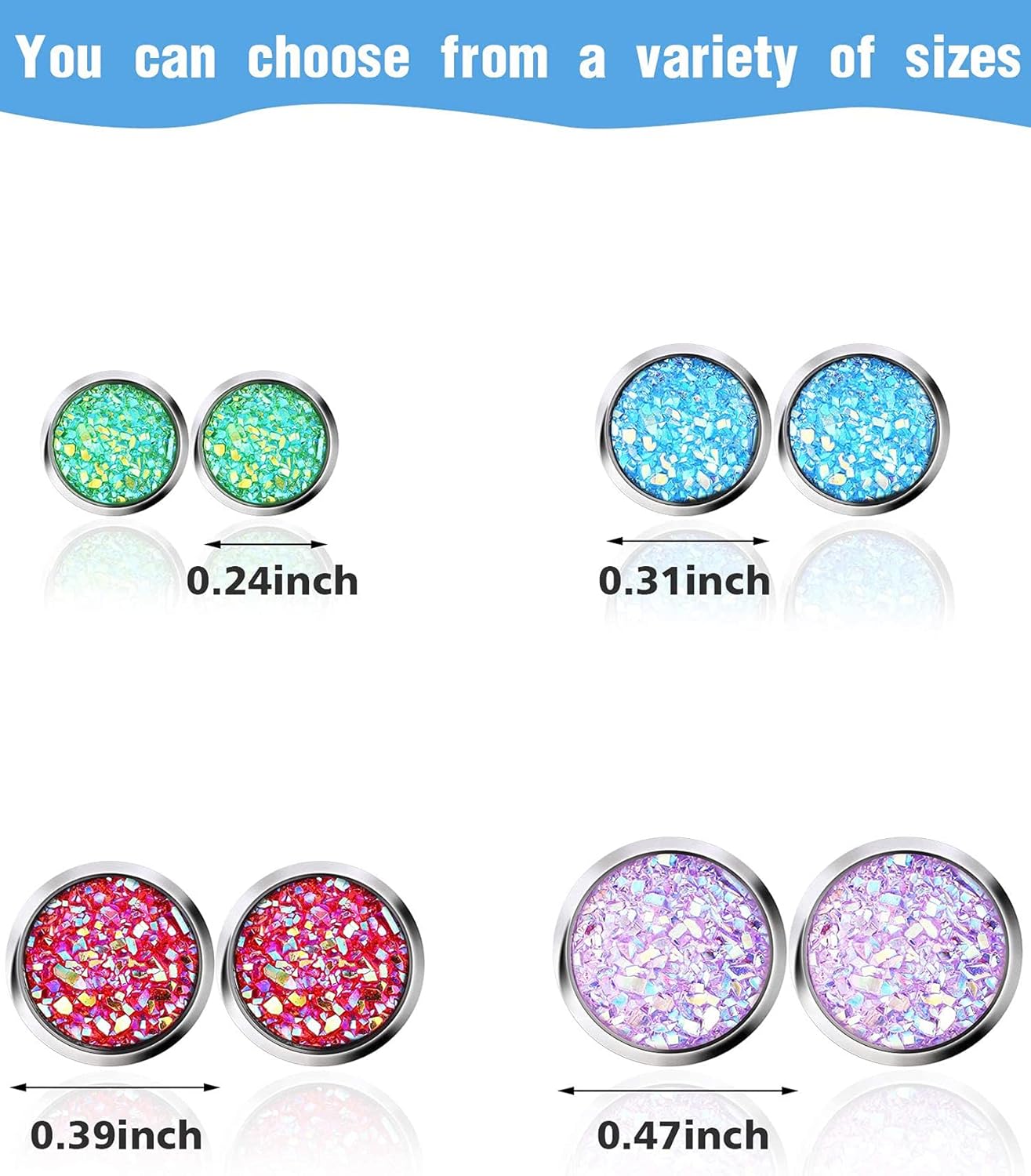 Miniatura 3 de Boao Juego de 15 pares de aretes de tuerca de imitación drusa de acero inoxidable, aretes redondos bohemios, joyería para mujer, Acero inoxidable