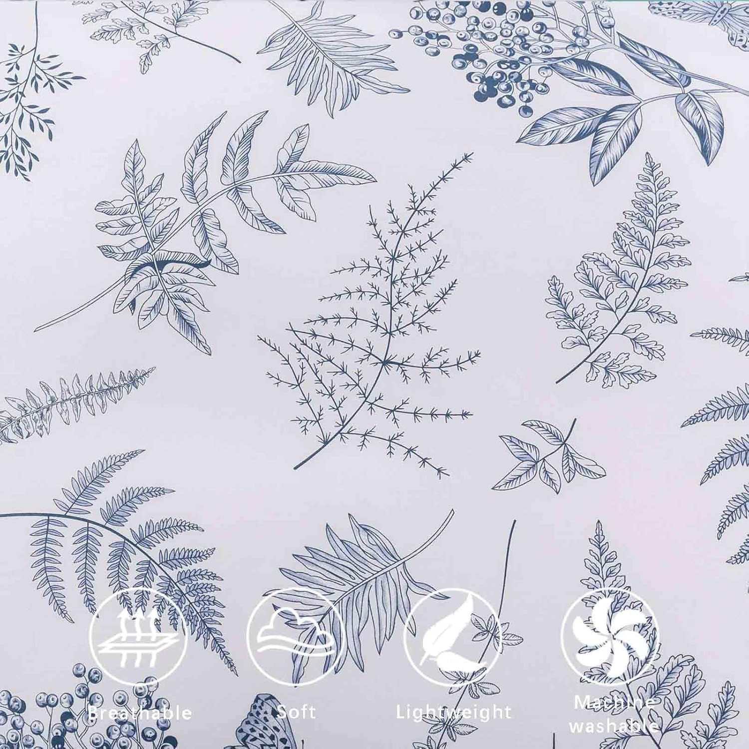 White Blue Floral Queen Size Duvet Cover, Soft Botanical Flower Leaf Patterned Reversible Quilt Cover Set, 1 Farmhouse Plants Printed Duvet Cover with Zipper and 2 Pillowcases for Women Men - Image 5