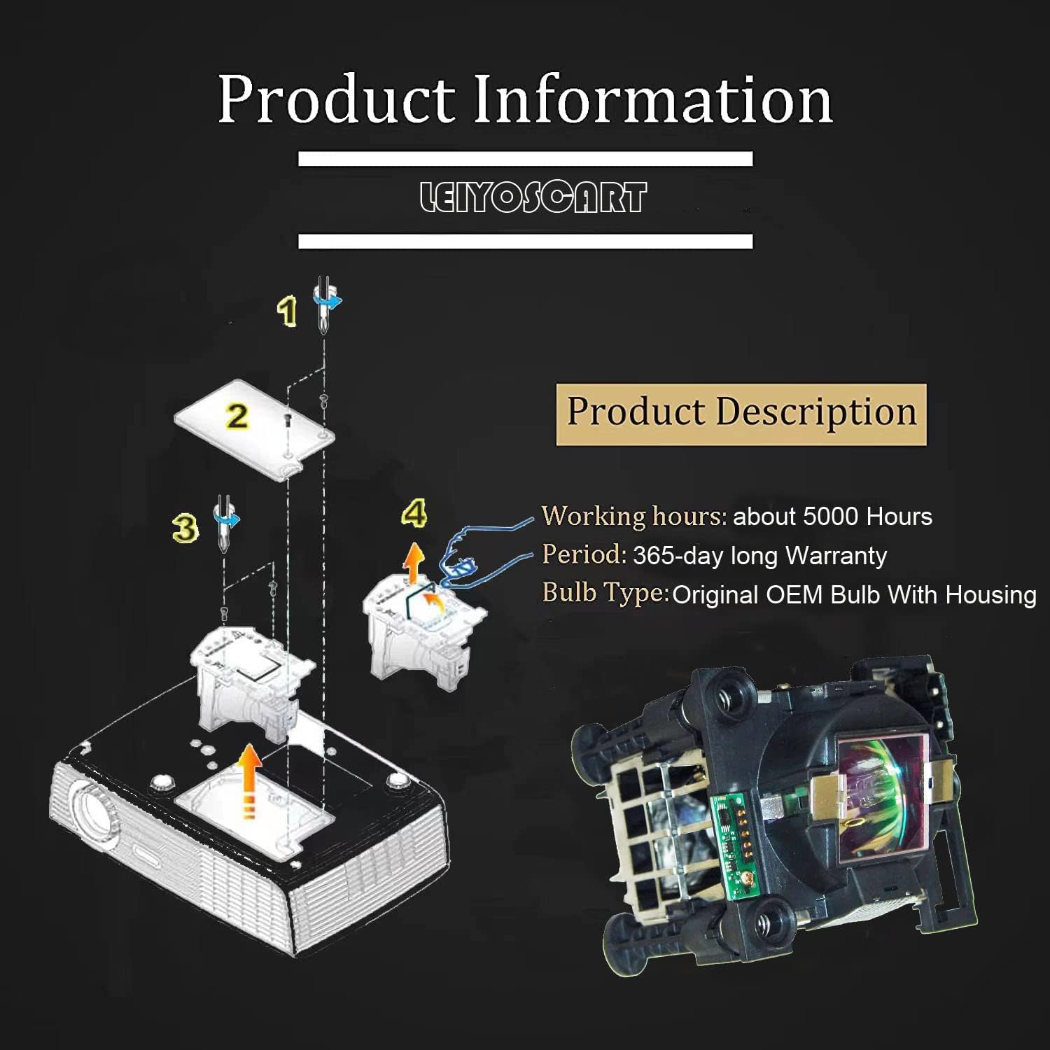 400-0400-00 Original Genuine OEM Replacement Lamp/Bulb with housing for Projection Design F32 1080P / F32 SX+ / F32 WUXGA / FL32 1080P Projector - 1 Year Warranty