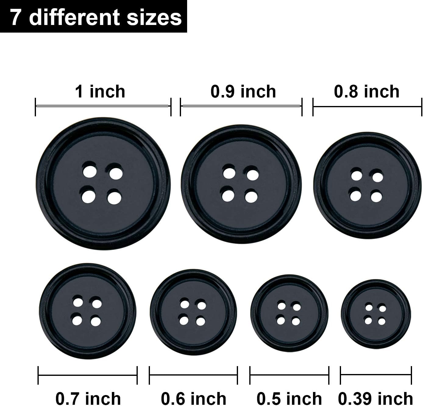 Sunmns 160g Buttons Round Resin Sewing Button with Storage Box, 4 Holes 7 Sizes (Black)
