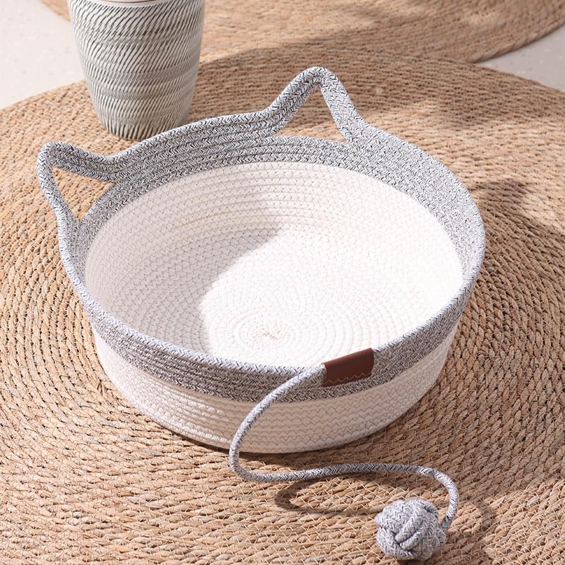 Handwoven Cat Basket,Instinct Basket for Cats,Handwoven Cat Basket Bed with Hanging Ball Toy,Instinct Basket Cat Scratcher for Play & Rest (Gray,S)