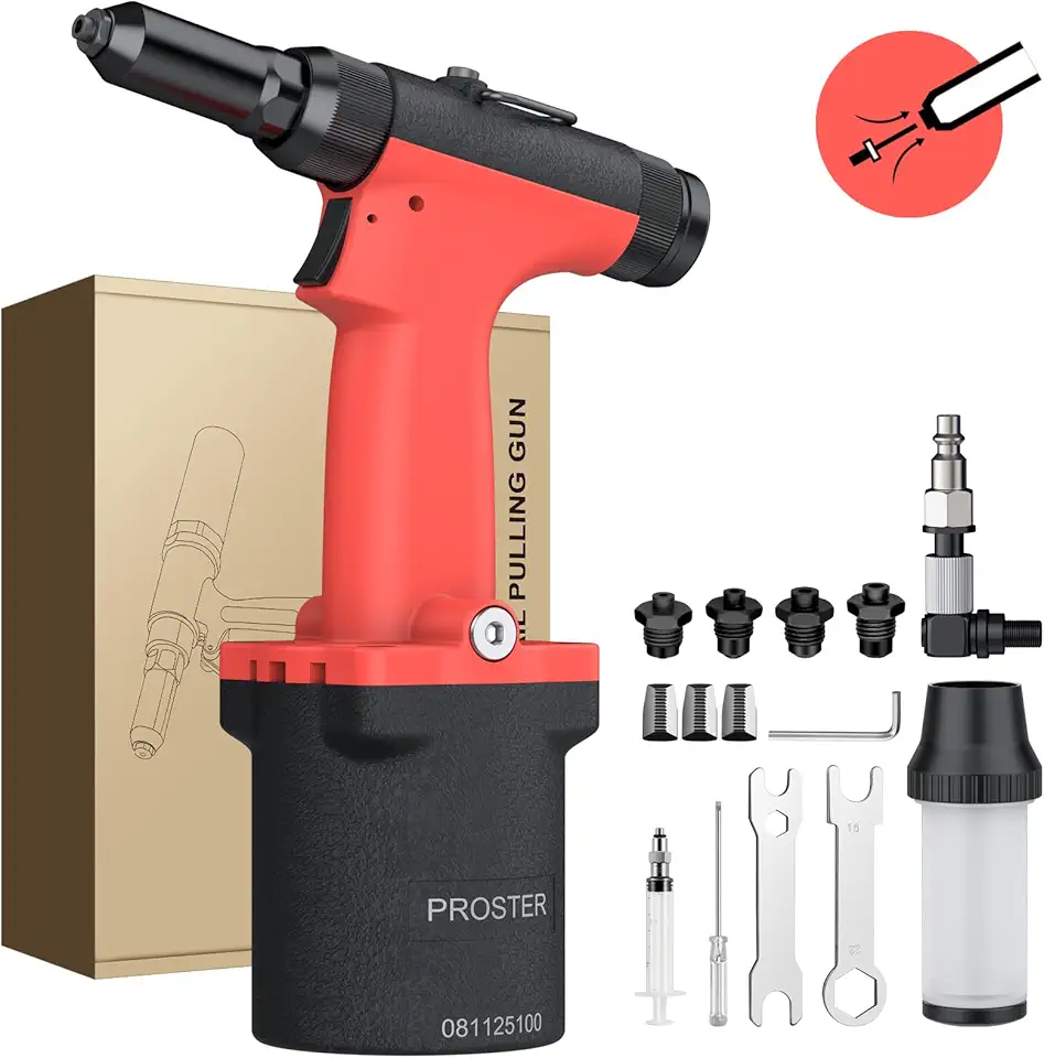 Proster Pistola de rebite pneumática - 3100LBF Pull Force Kit de rebite de ar com design de sucção automática de 4 tamanhos, mangueira de ar giratória de 360°, inclui garrafa de coleta e garras extras