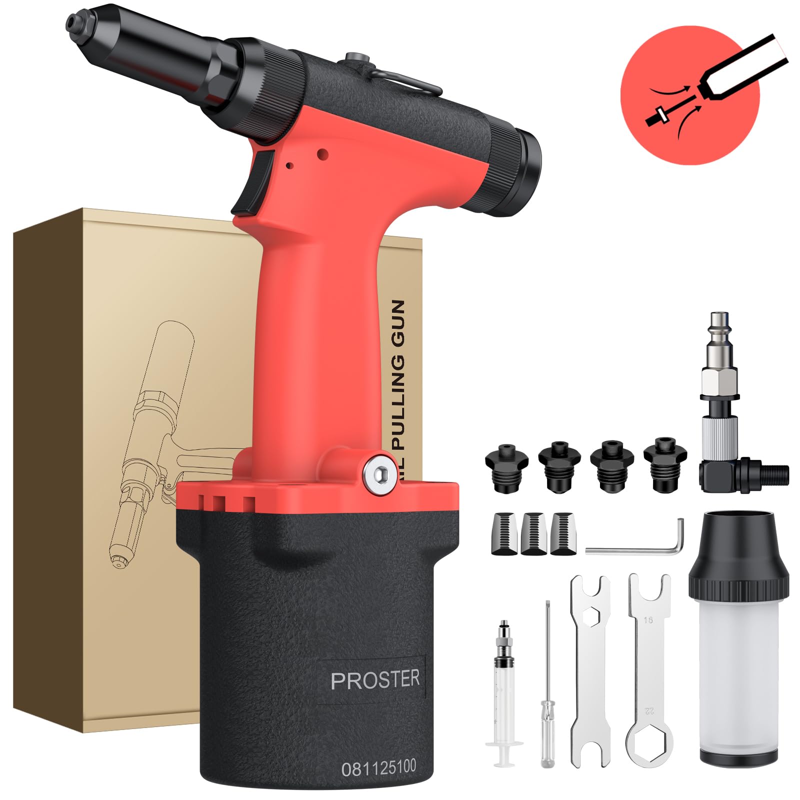 Proster Pneumatische Nietpistole Druckluft Blindnietgerät - Selbstansaugende Profi Nietpistole mit 1000KGF Zugkraft, 2.4–4.8mm Nietzange mit Auffangbehälter, 360° EU Anschluss für Werkstatt KFZ Boot