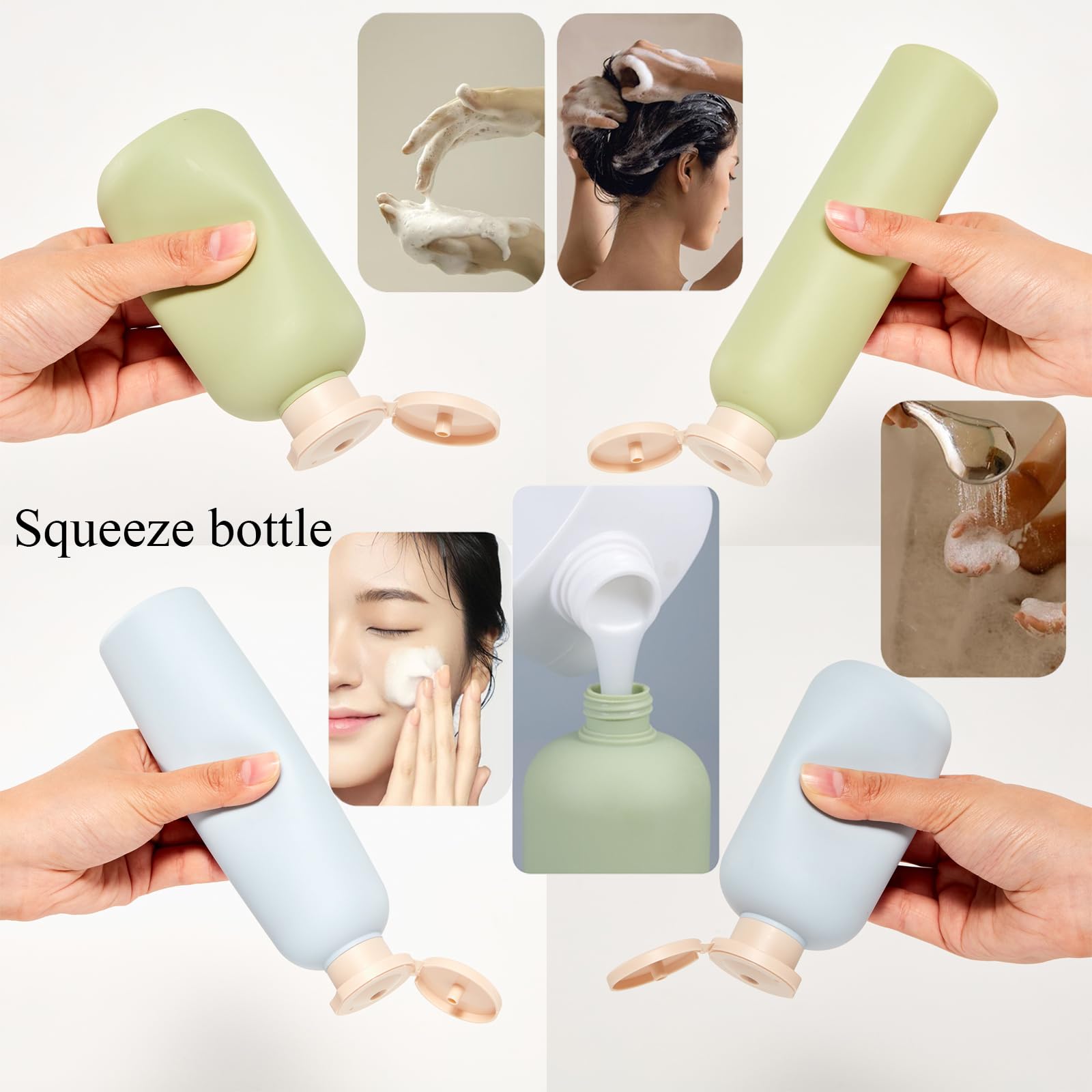 Qeuly Squeeze Bottles with Pump Dispenser and Flip Cap, 8.8 oz Refillable Travel Containers for Toiletries, Plastic Travel Shampoo and Conditioner Bottles (Green 260)