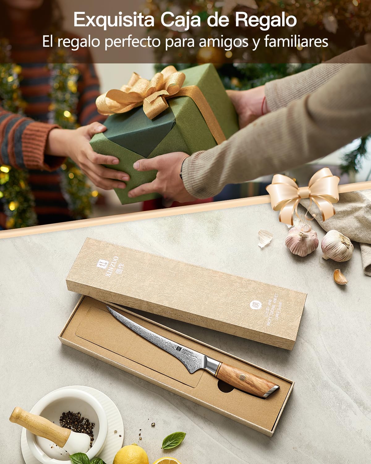 XINZUO Cuchillo de Filete 17,8cm Acero Damasco 73 Capas Mango Olivo