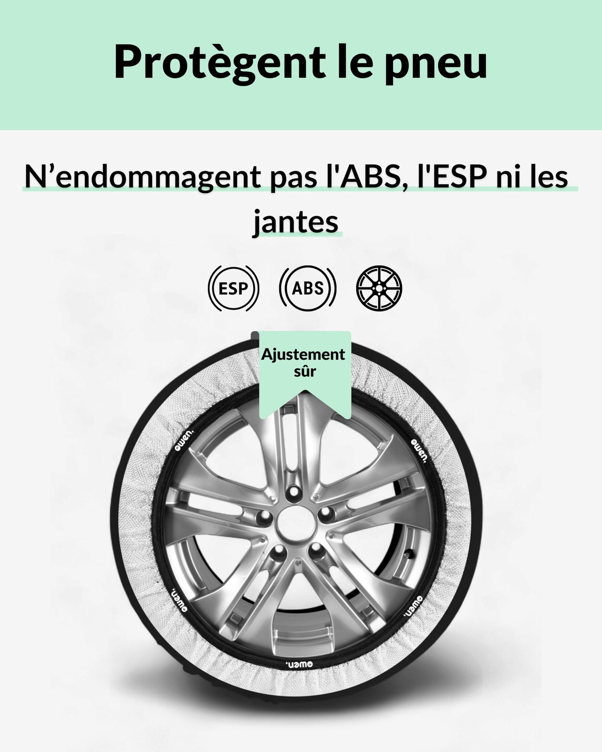 OWEN chaînes à neige textiles XS-XXL | Lot de 2 | Homologuées EN 16662-1 | Tissu 3D breveté pour traction maximale sur neige et glace | Protection ABS/ESP | Montage facile en 2 minutes (M)