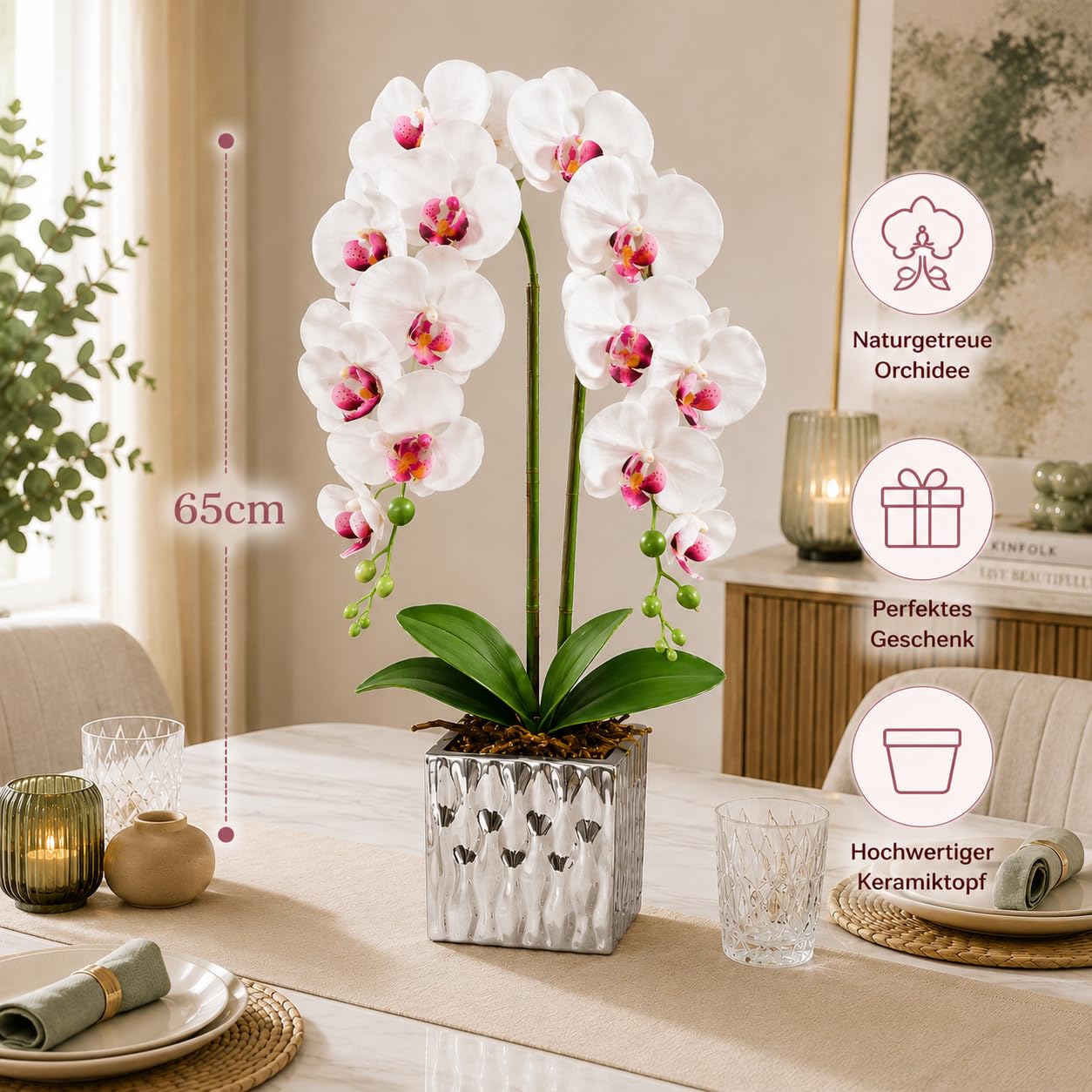 PASCH® XXL Orchideen künstlich in silbernem Keramiktopf (65cm) | Kunstblumen im Topf | Kunstblumen wie echt | künstliche Orchideen im Topf