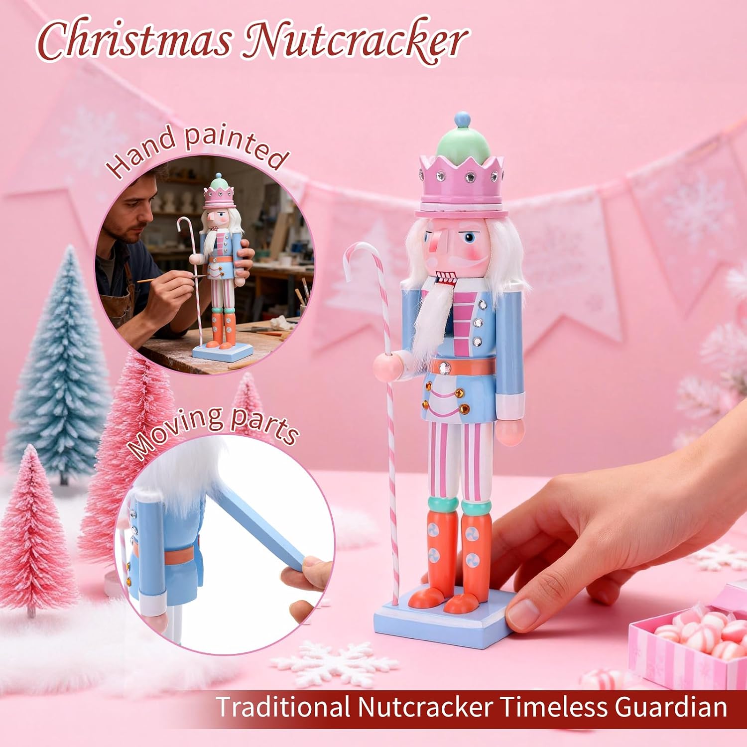 12 Inch Traditional Nutcracker King Doll - Hand-Painted Macaron Color Wooden Christmas Decor, Xmas Ornaments for Holiday Tabletop, Shelves & Party Decorations