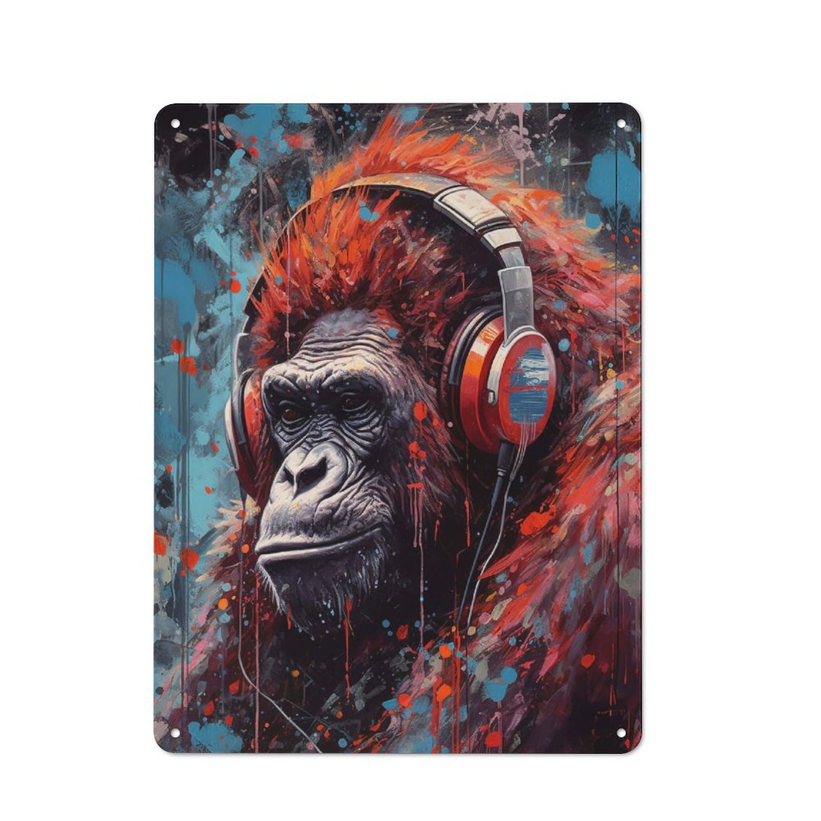 Junmoney Gorilla Painted Headphones Retro-Style Tin Wall Plaque 40X30cm For Café Or Home Bar, New Home Wall Decor For Home Bar Enthusiasts