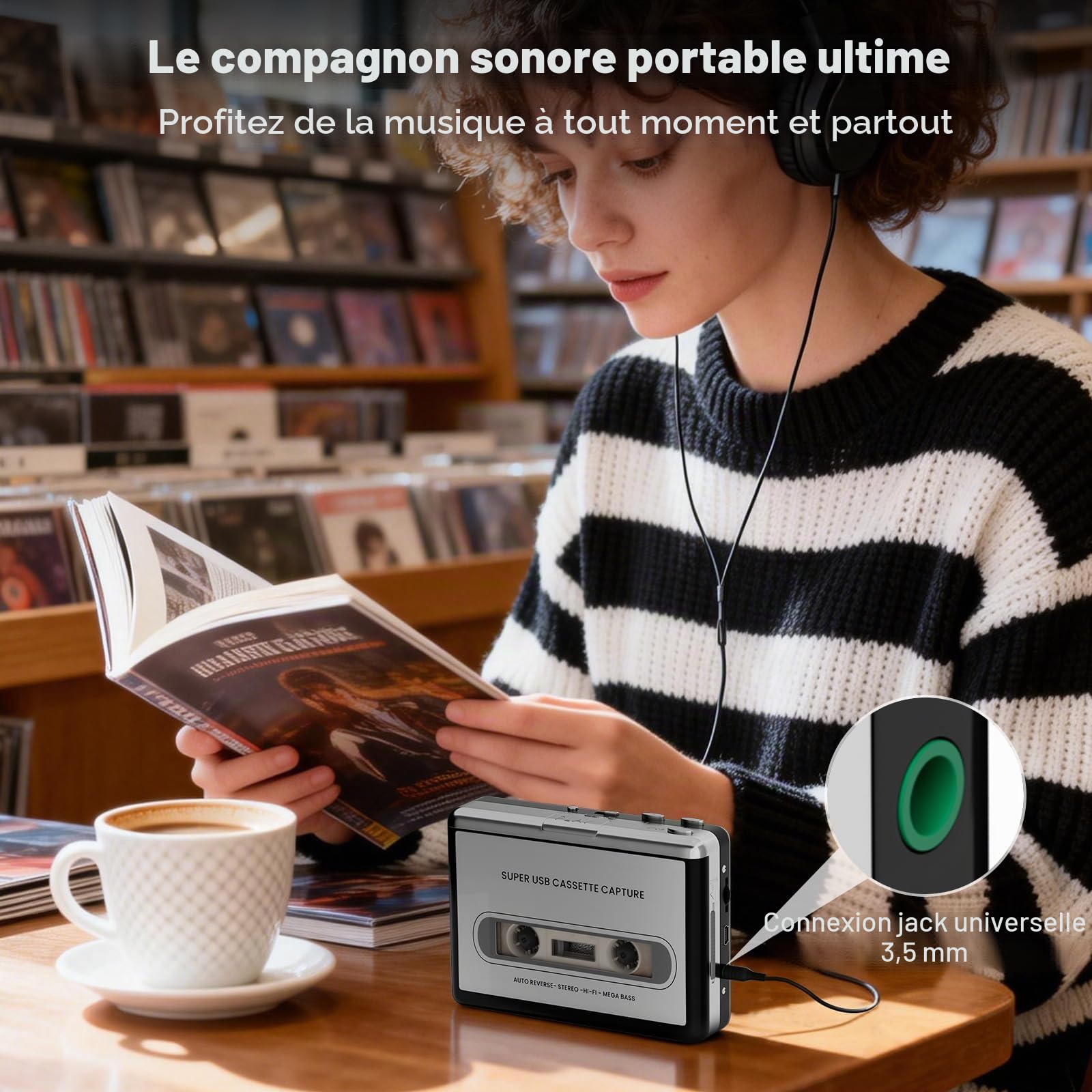 Reshow Enregistreur cassette - Enregistreur cassette portable qui enregistre les fichiers audio MP3 via USB - Convertit les cassettes pour iPod - Compatible avec les ordinateurs portables et les PC