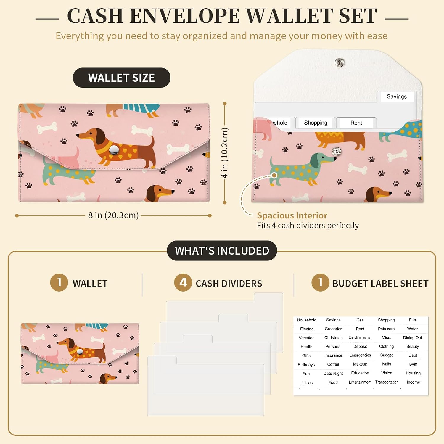 Cash Envelope Wallet for Budgeting, PU Leather Money Organizer for Cash Saving, Reusable Envelopes with 4 Dividers & Sticker Labels, Portable Cute Money Holder Cute Dog image 5