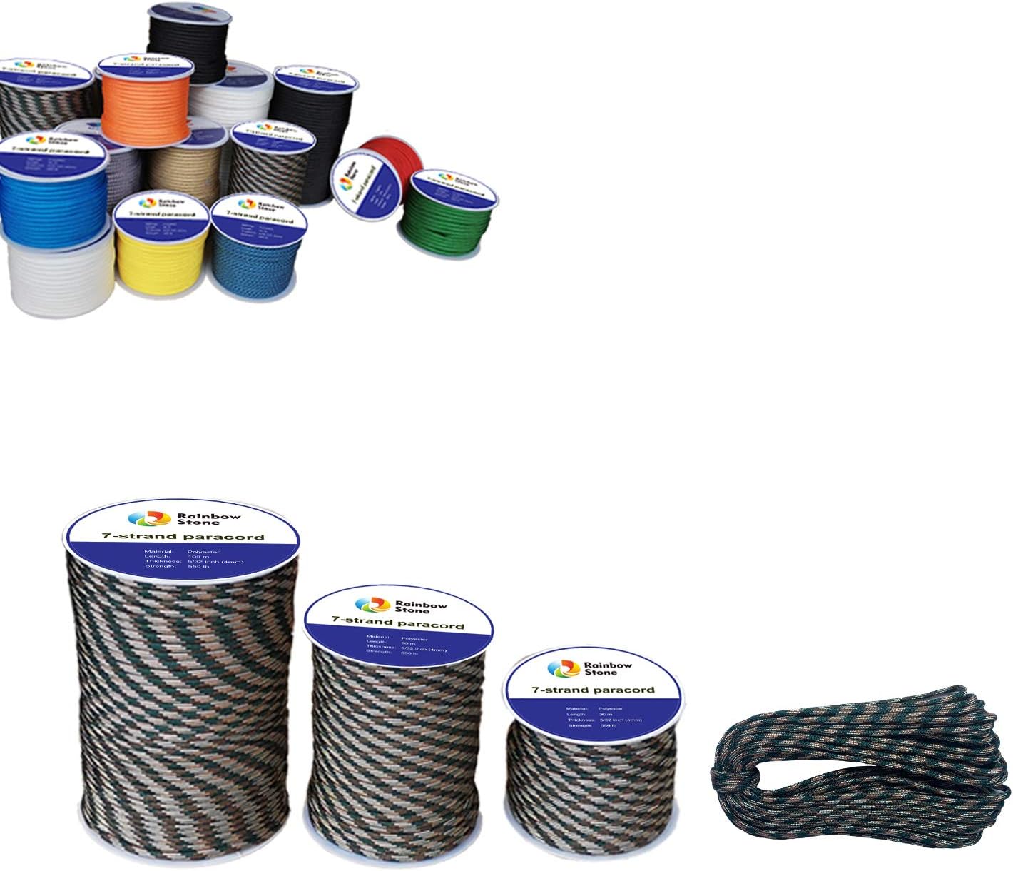 RainbowStone Paracord 7-Strand 550lb Strength 4mm Utility Rope Multiple Color 15/30/50/100m reel…