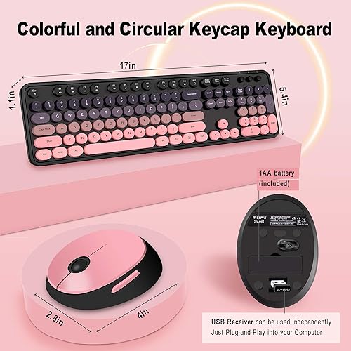 Miniatura 6 de Kootop - Combo de teclado y mouse inalámbrico, teclado retro colorido lindo con 104 teclas, teclas redondas estilo máquina de escribir para PC