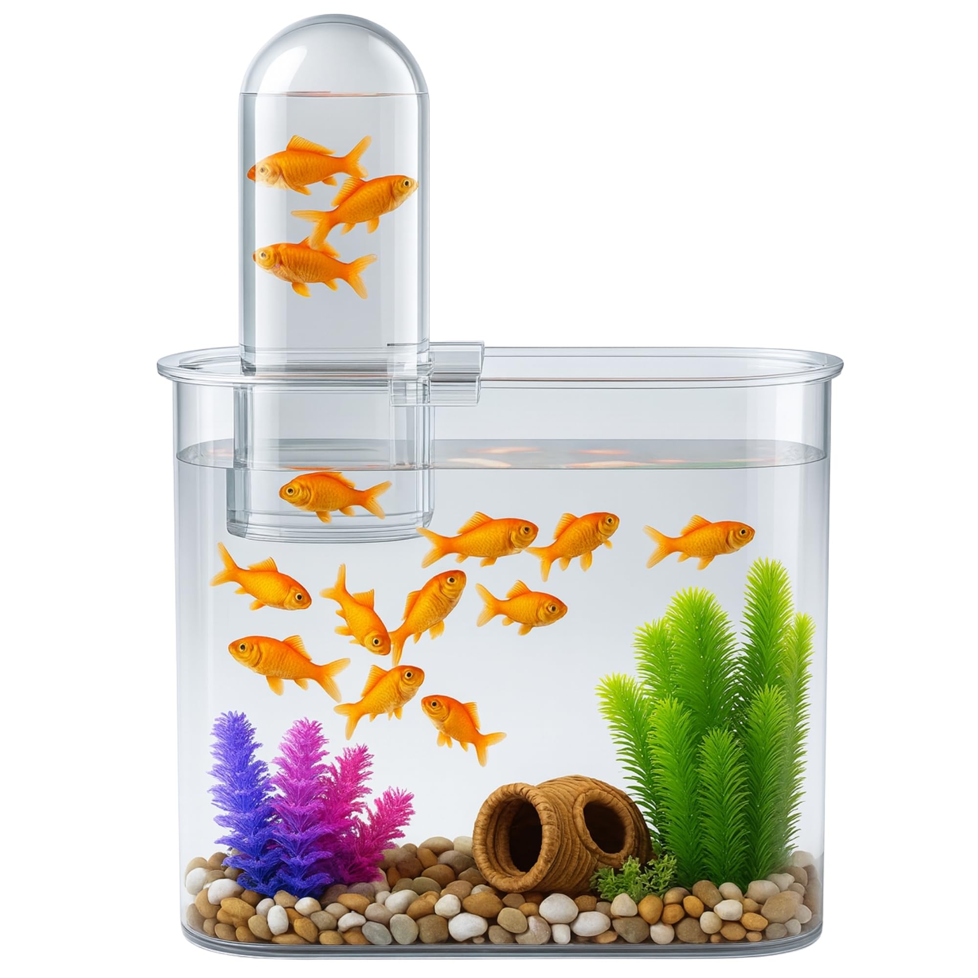 Buraq Floating Fish Tank with fish swimming in the main tank and in the elevated transparent dome.