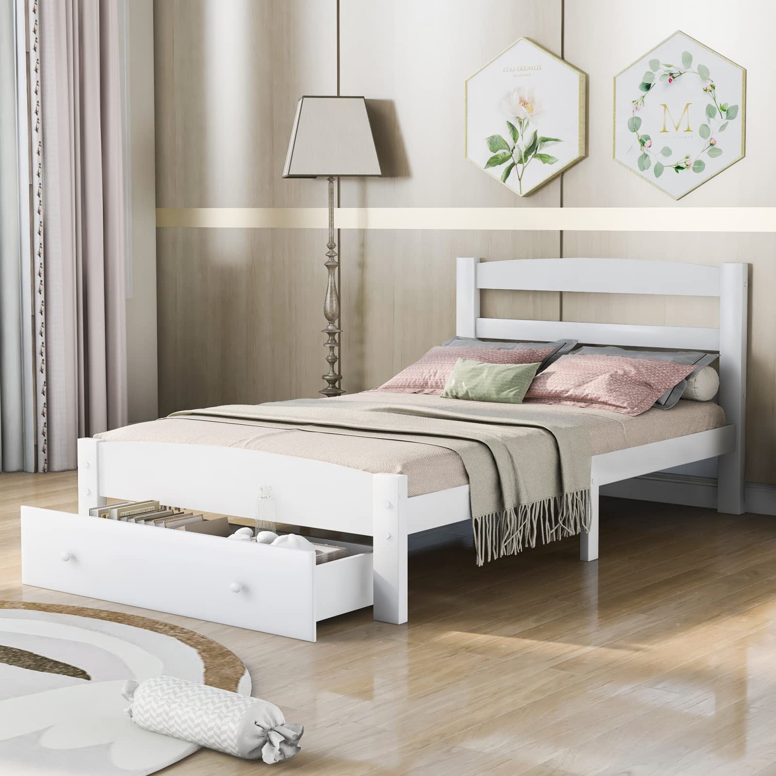 Buy Single Bed with Storage 3ft White Solid Wooden Bed Frame with