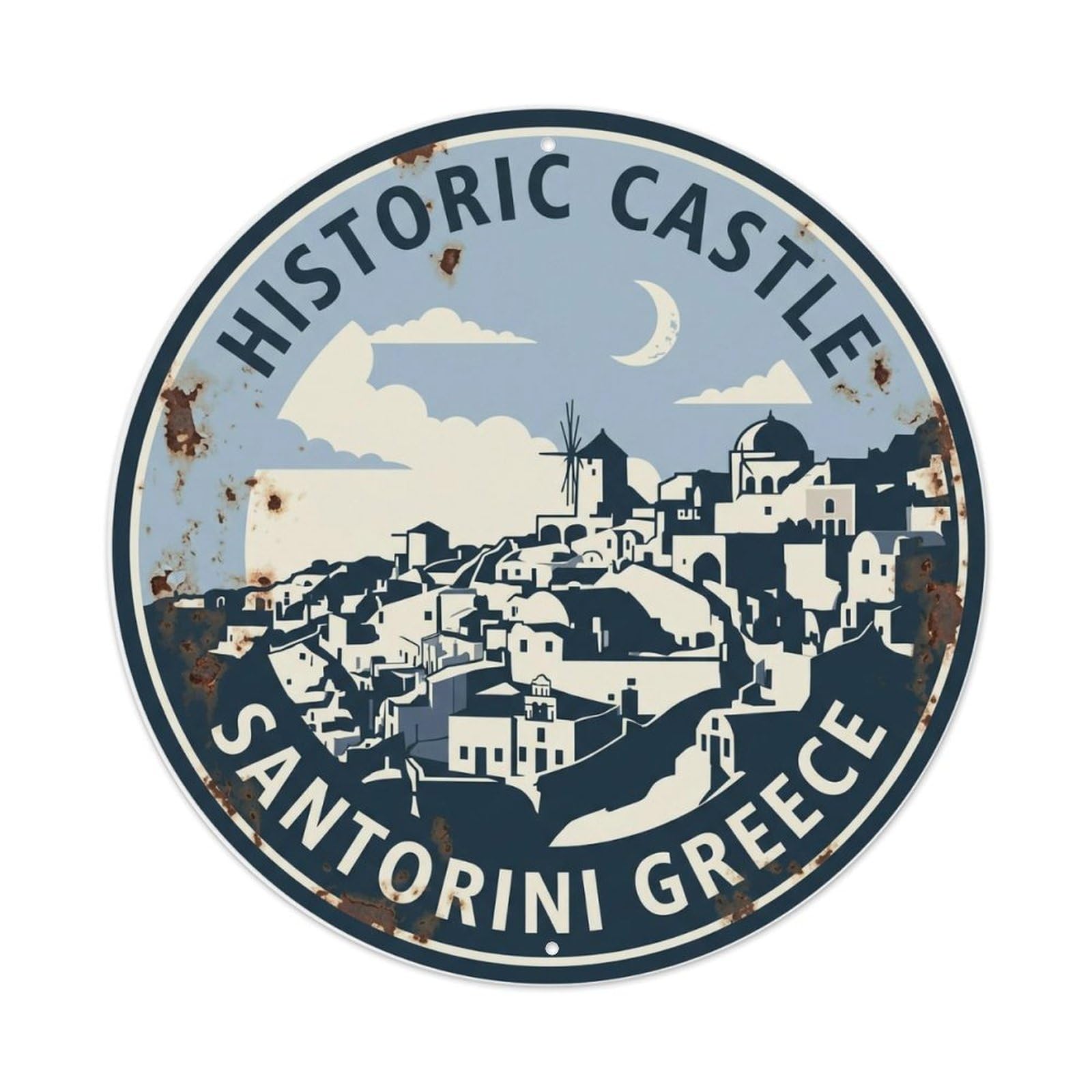 Fqnyr Style Metal Tin Sign Vintage Travel Castle Santorini Historic