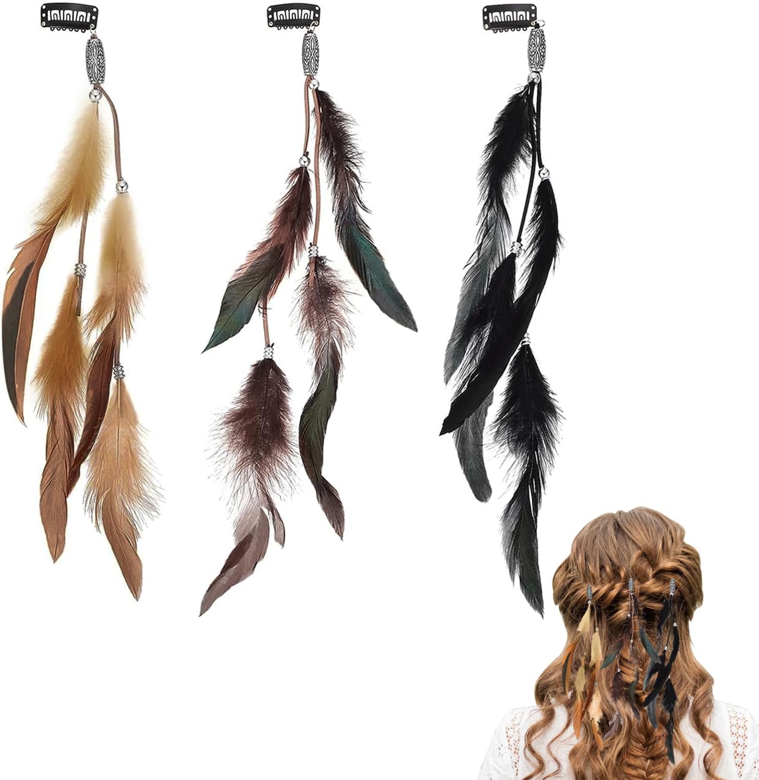 3Pcs Feather Hair Clips, Handmade Boho Hair Extensions with Clip Comb, Bohemian Hippie Hairpin Feather Indian Tassel Hemp Rope Festival Headwear Cosplay Headdress Accessories (Multicolor #01)