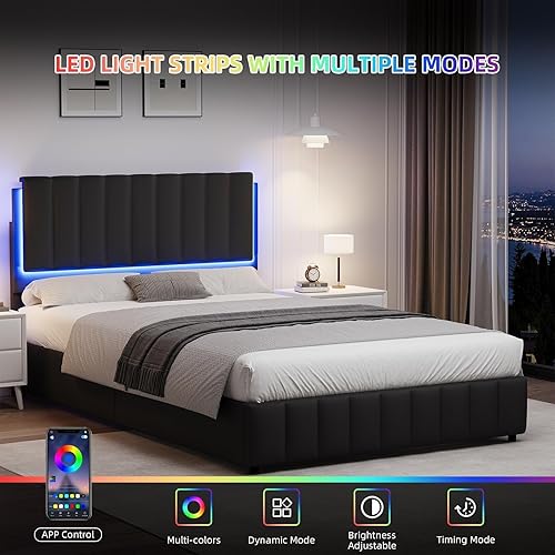 Miniatura 3 de Base de cama Queen con luces LED, plataforma tapizada de piel sintética con cabecero y soporte de listones de madera, no necesita somier, sin ruido,