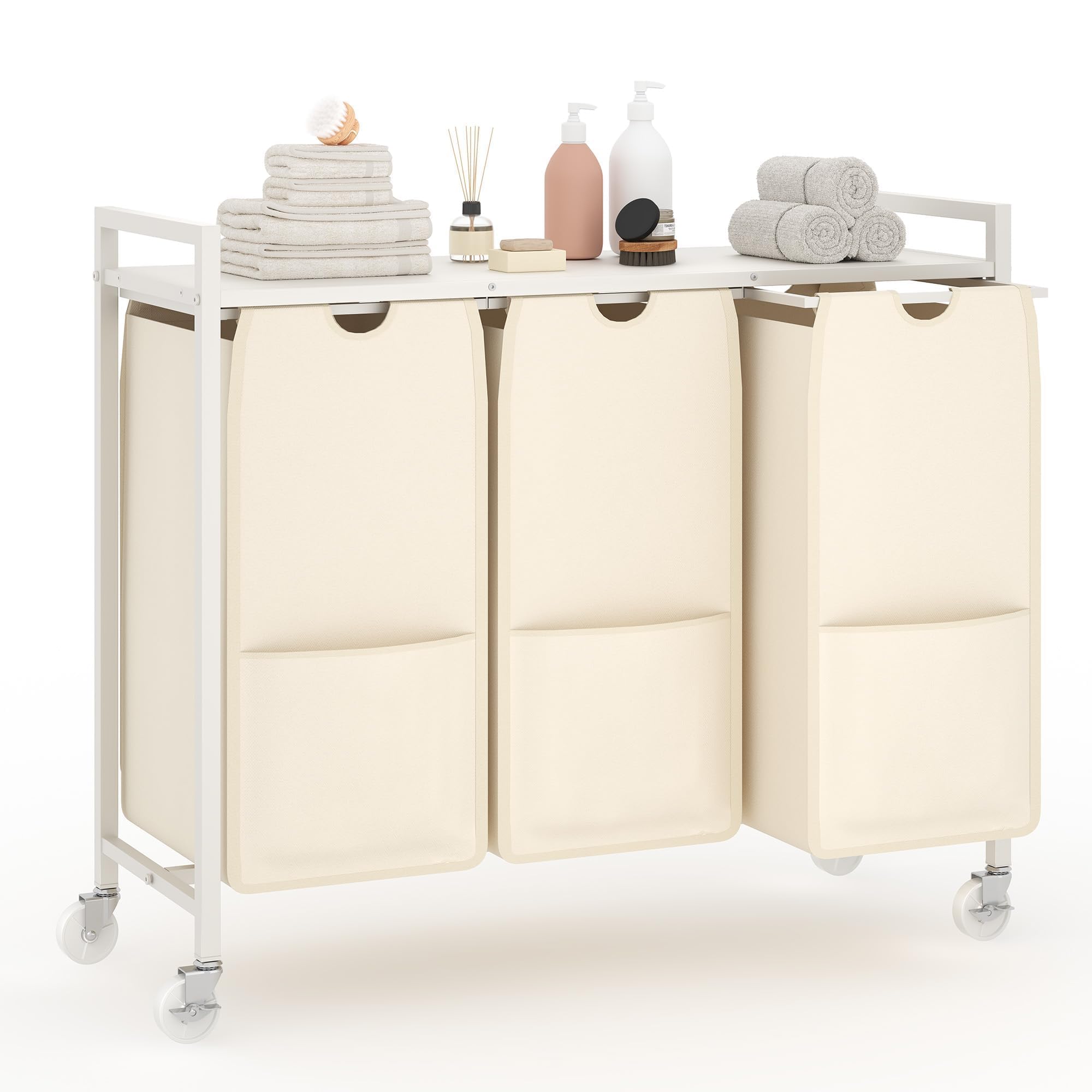 Garvee Wäschekorb-Organizer, Wäschekorb mit Ablage und 3 herausnehmbaren Wäschesäcken aus Oxford-Gewebe, 3 x 48,5 l (12,8 Gallonen), Organizer für Waschküche, Badezimmer